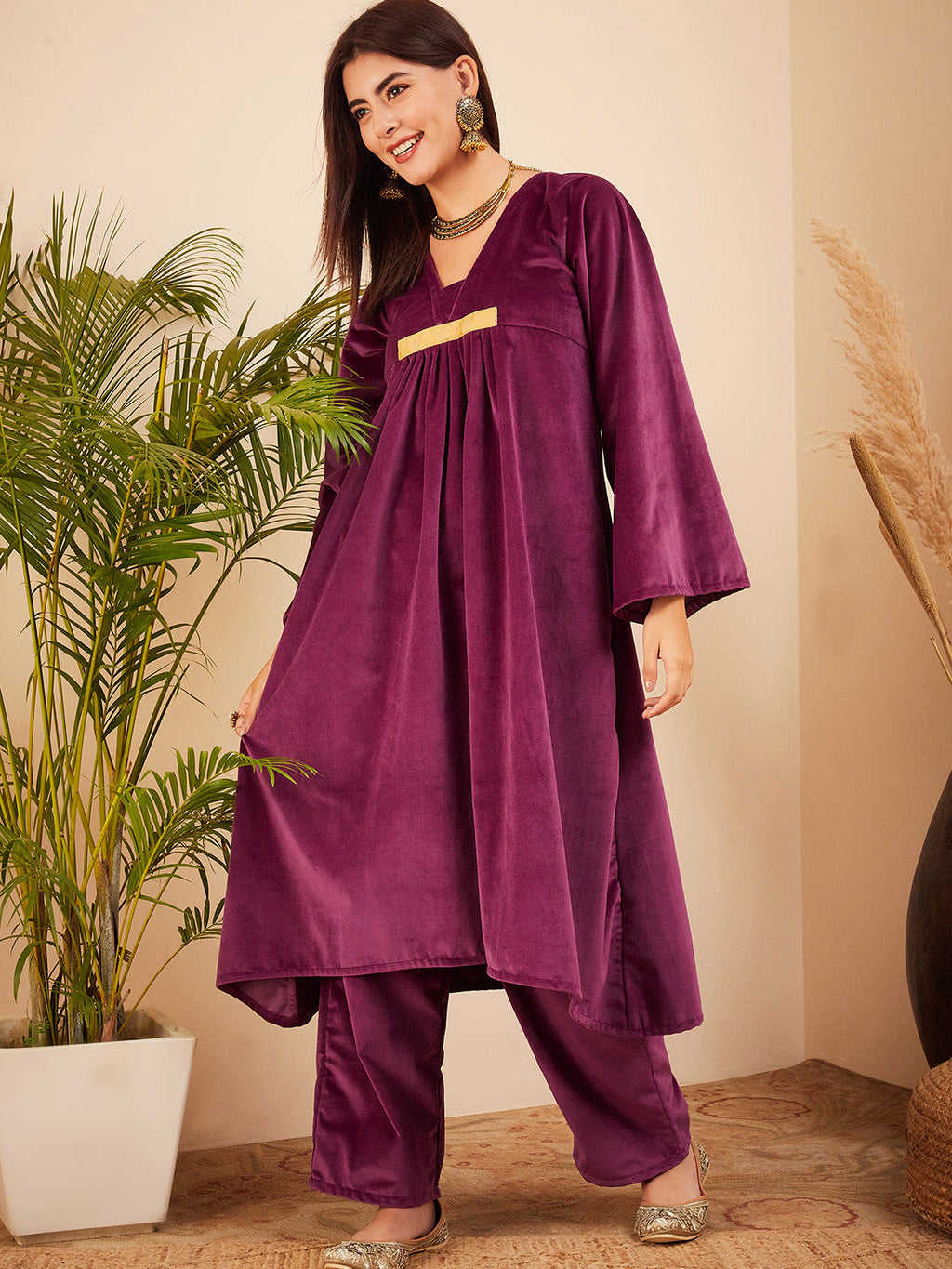 InWeave Women's Wine V Neck Asymmetrical Pleated Velvet Kurta Set