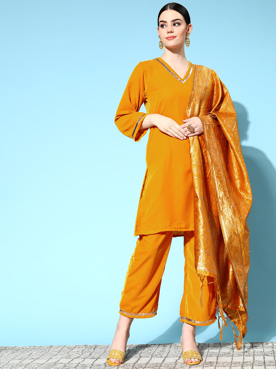 InWeave Women's Mustard Velvet Kurta Set With Mustard Gold Dupatta