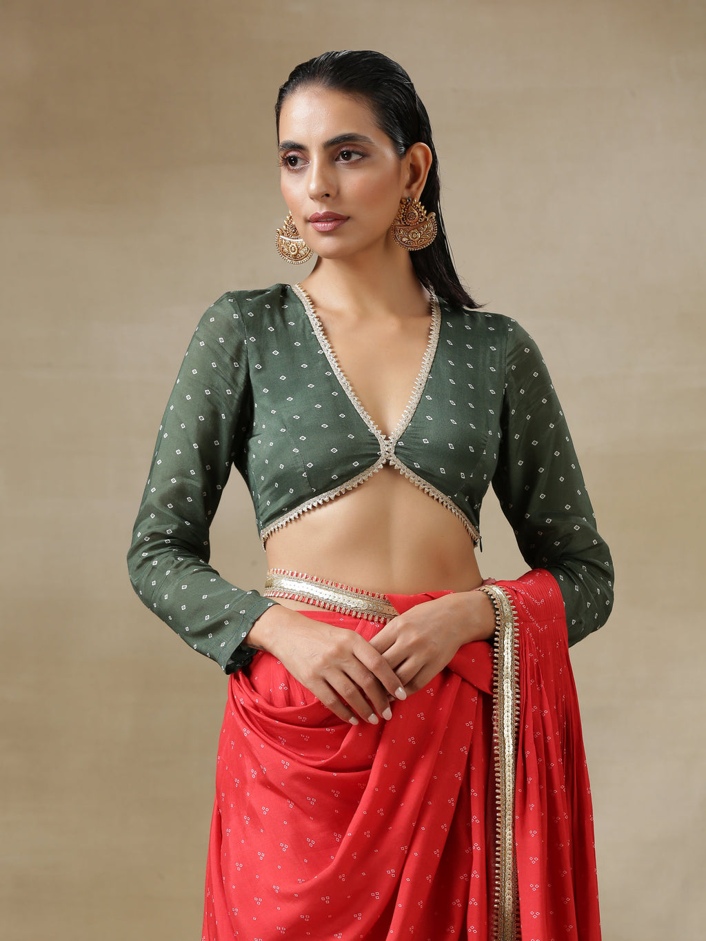 trueBrowns Dark Green Bandhani Printed Silk Full Sleeve Blouse