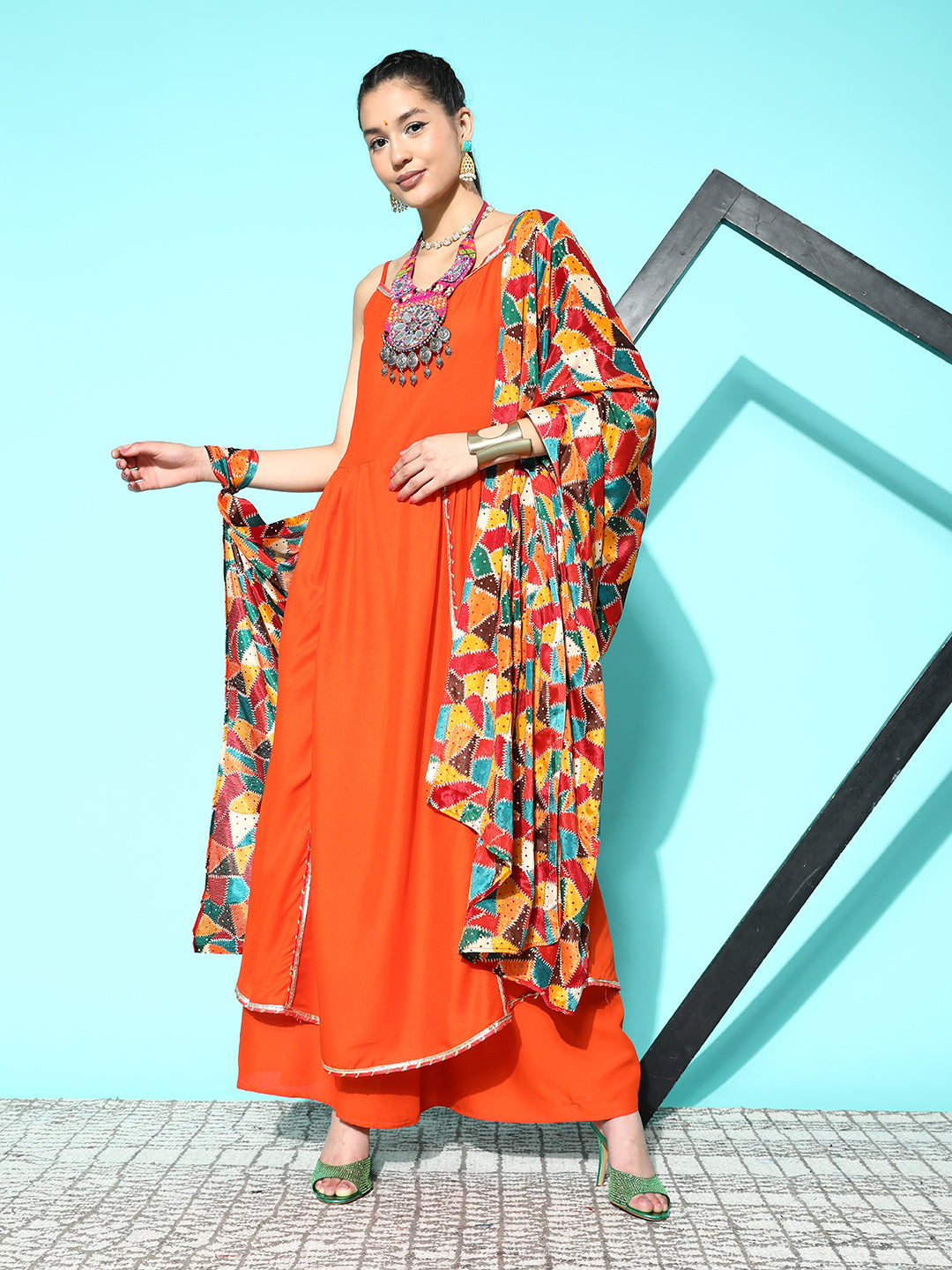 InWeave Women's Orange Red Gota Strappy Set With Multi Foil Muslin Dupatta