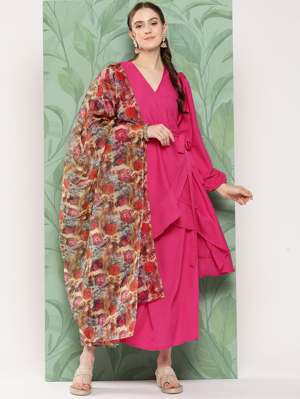 InWeave Women's Magenta Tie Up Kurta Set W Camel Brown Or Dupatta