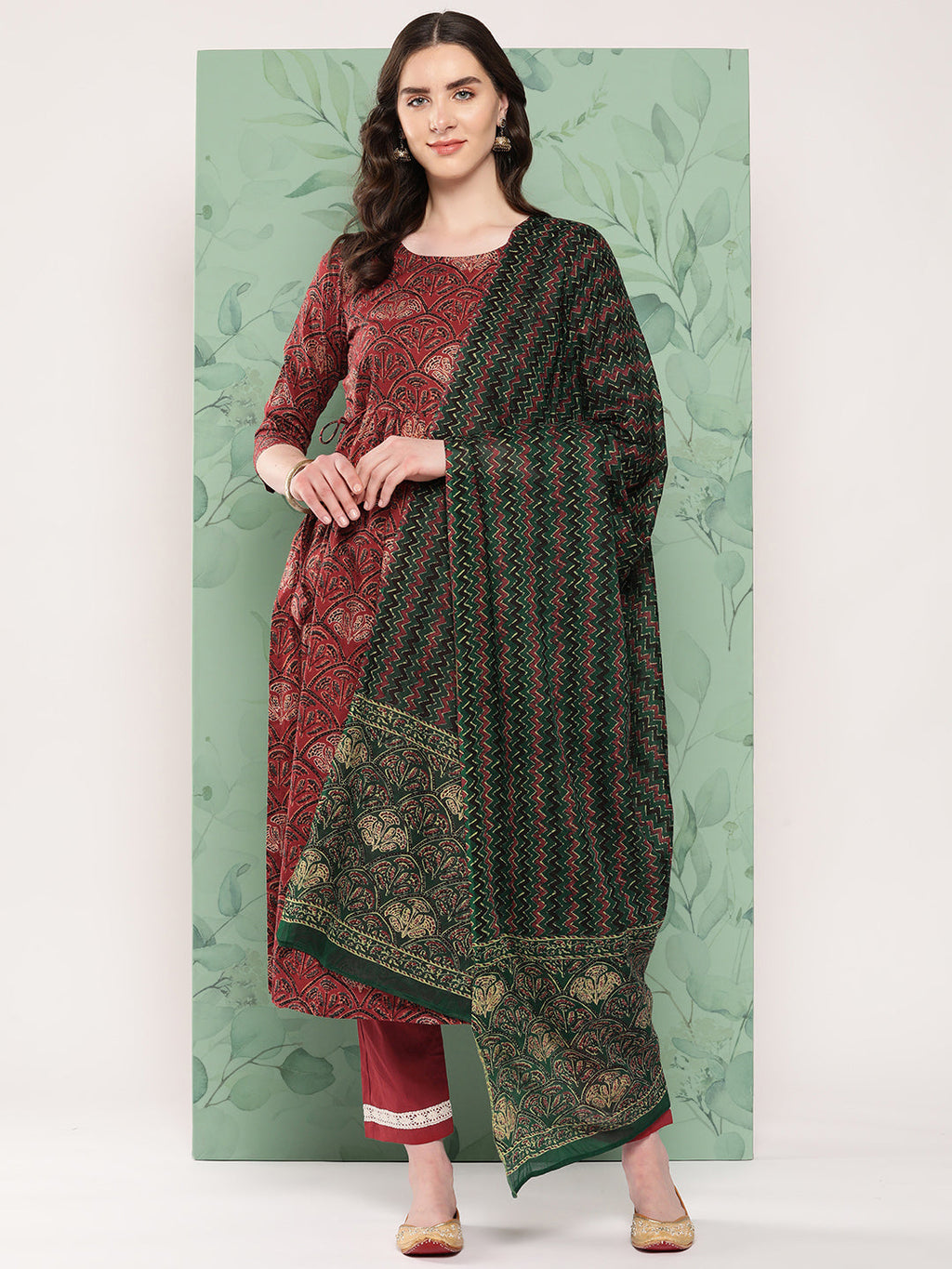 InWeave Women's Long Kurta Set Rust Ajrakh With Green Ajrakh Dupatta