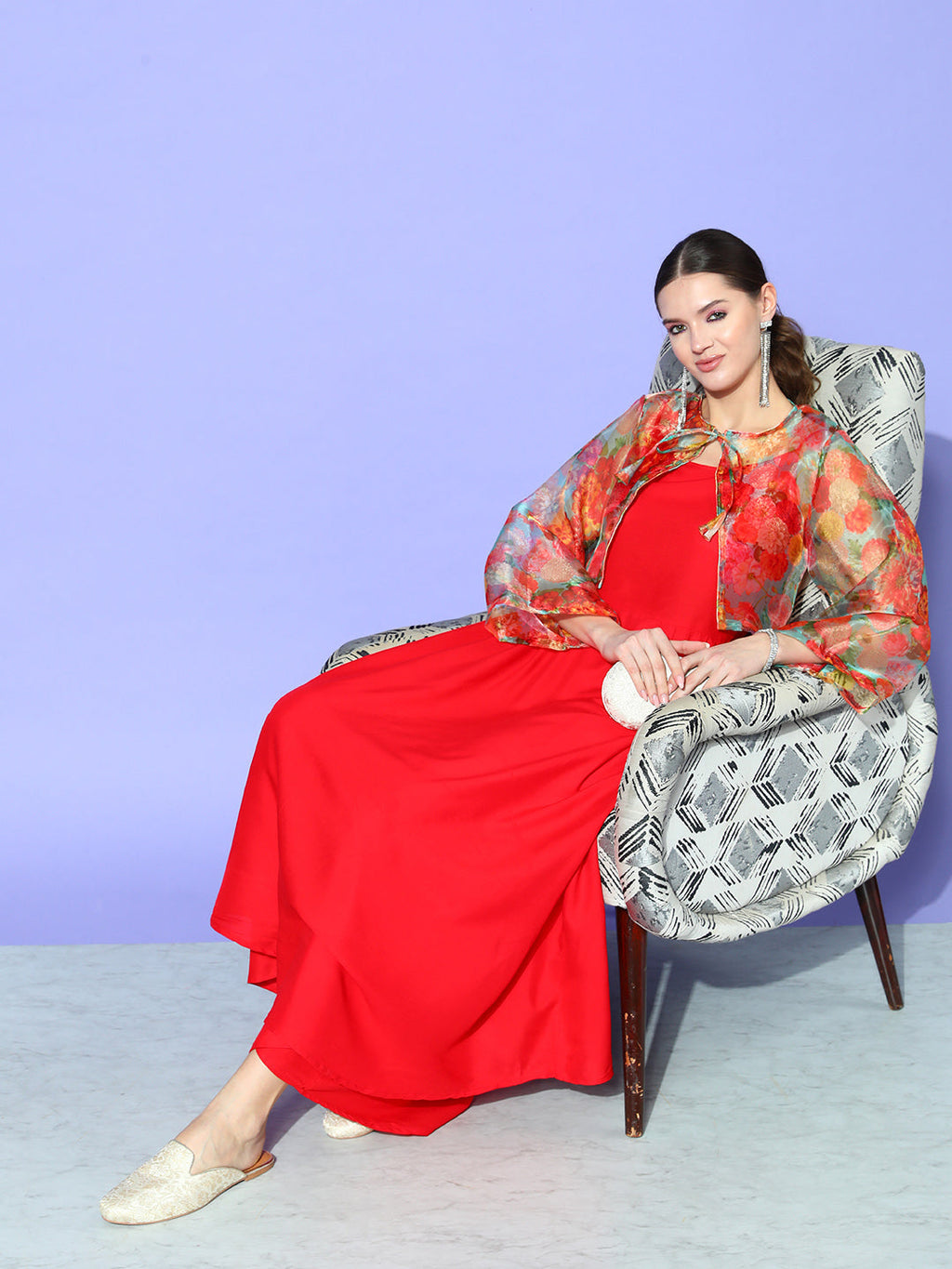 InWeave Women's Red Strappy Set With Green Floral Short Organza Cape