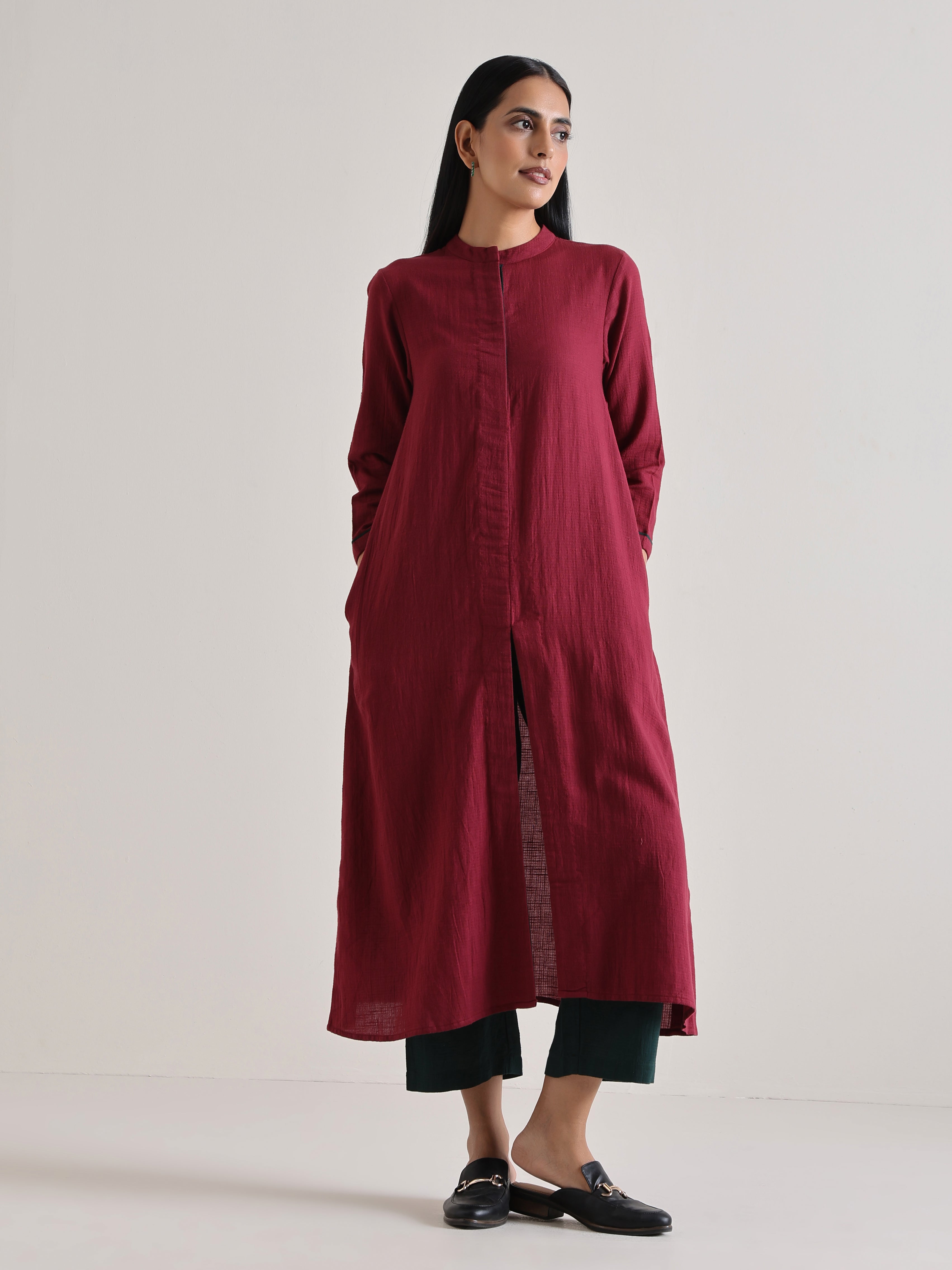 trueBrowns Maroon Placket Kurta Pant Set