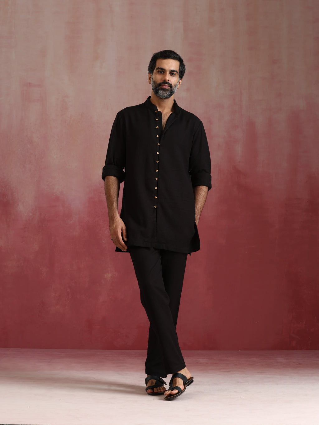 trueBrowns Men's Black Cotton Dobby Kurta Co-ord Set