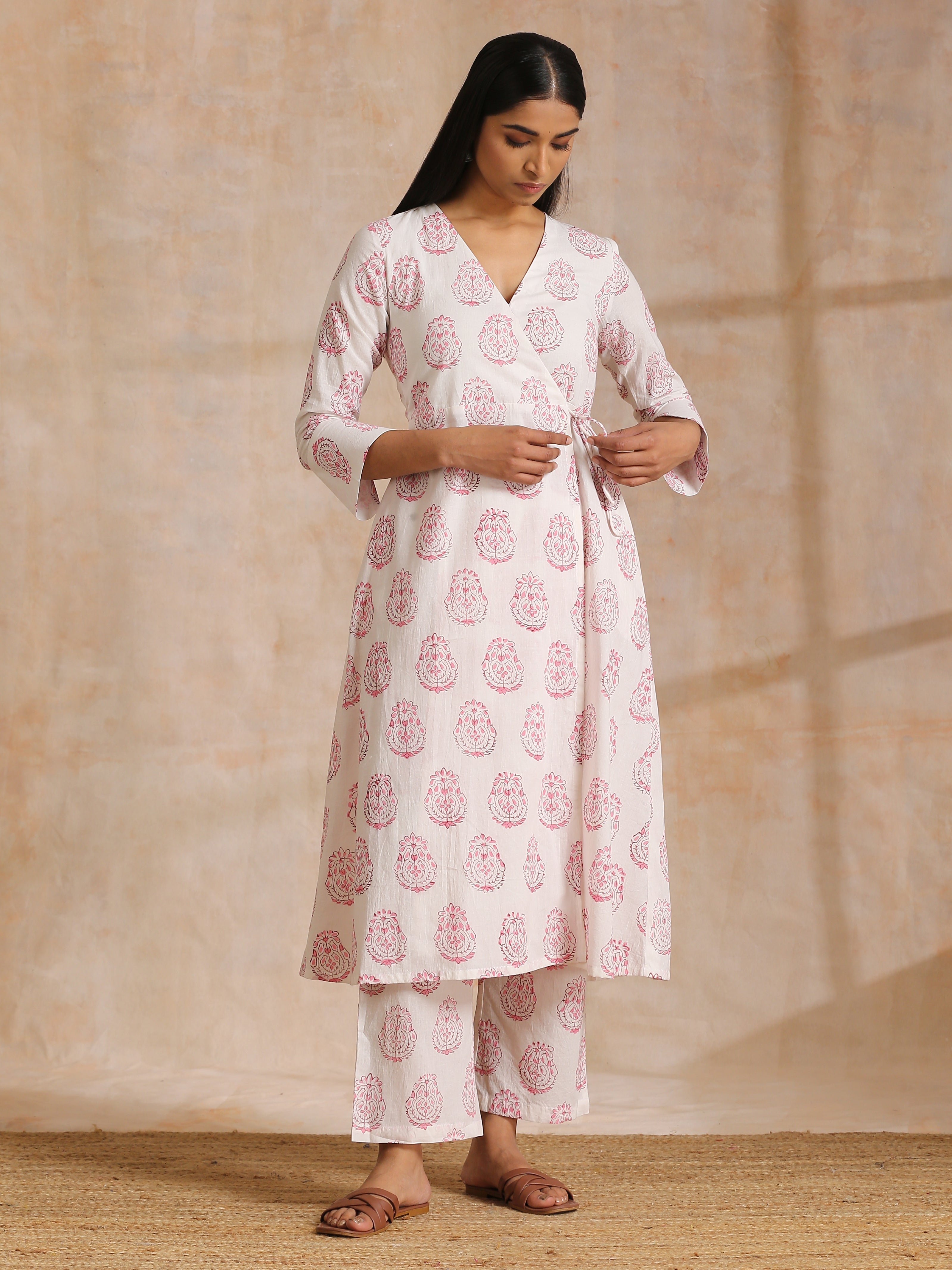 trueBrowns Pink Big Buta On White Print Cotton Angrakha Kurta Pant Set
