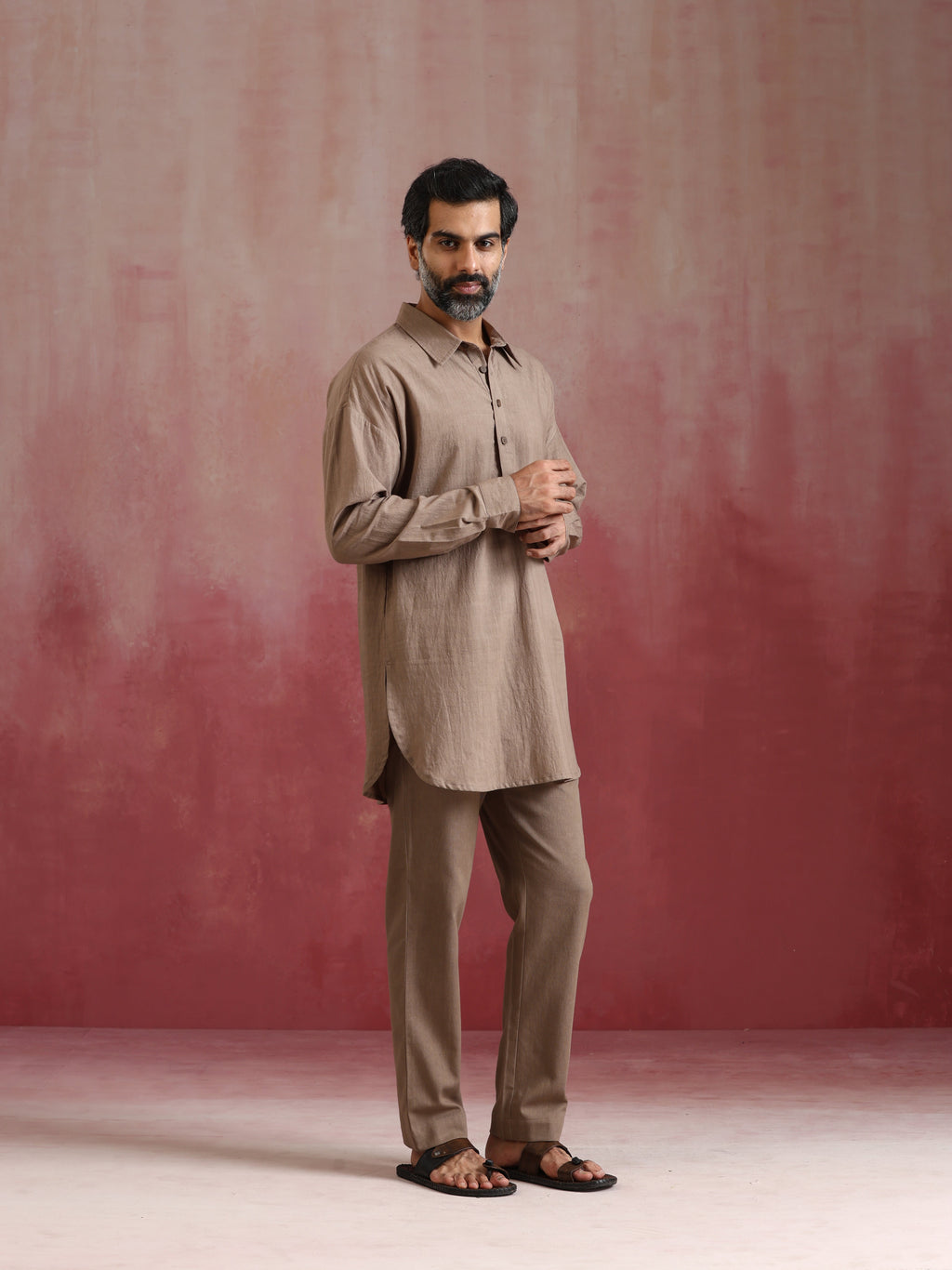 trueBrowns Men's Grey Cotton Shirt Collar Stylized Kurta Co-ord set