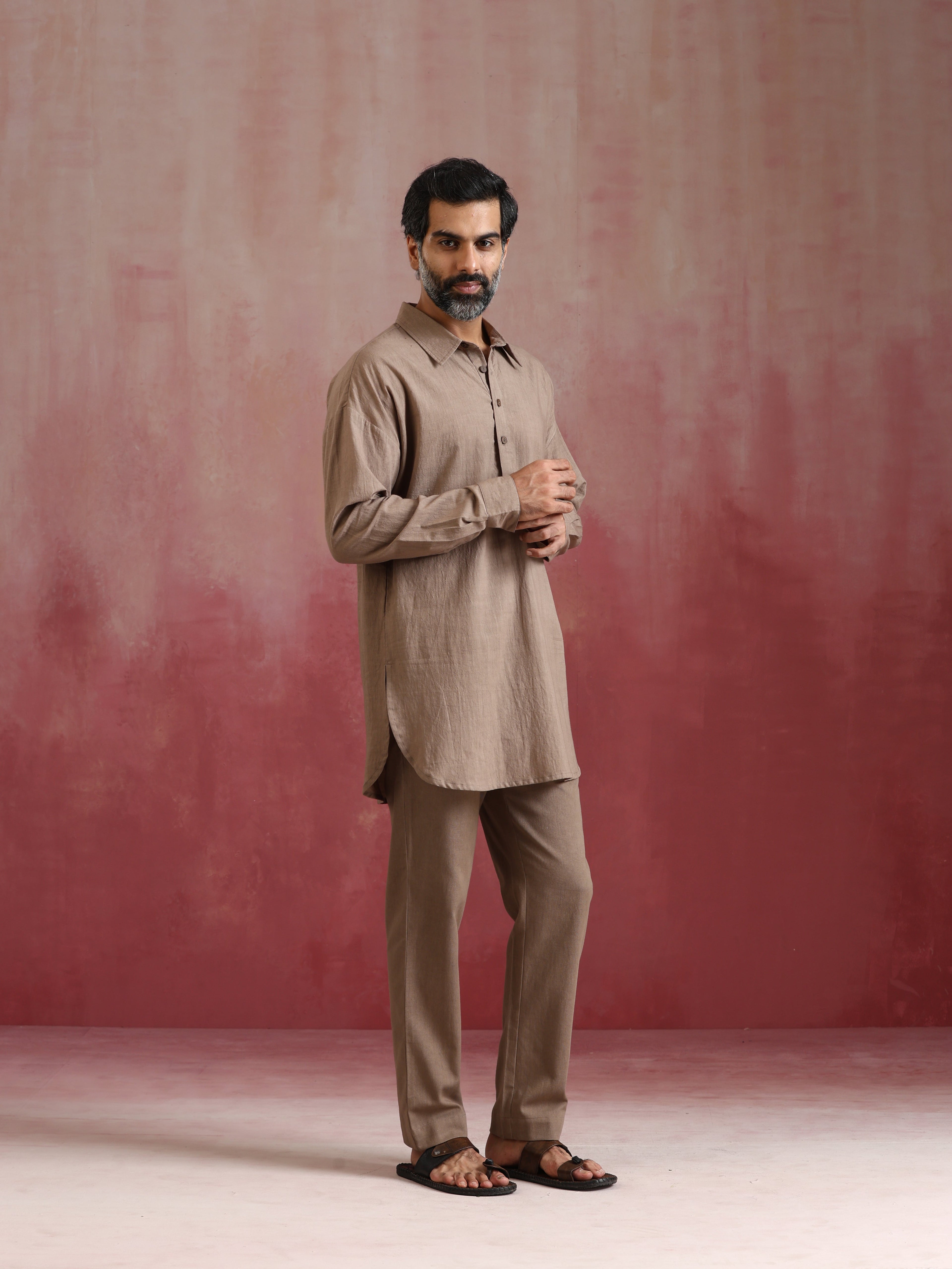 trueBrowns Men's Grey Cotton Shirt Collar Stylized Kurta Co-ord set