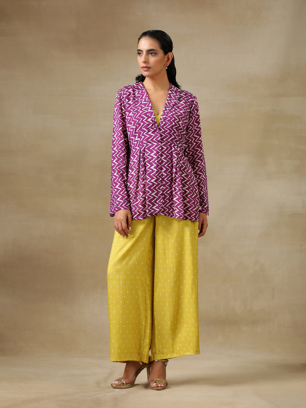trueBrowns Lime Green Bandhani Printed Silk Top Pant with Purple Printed Jacket Set