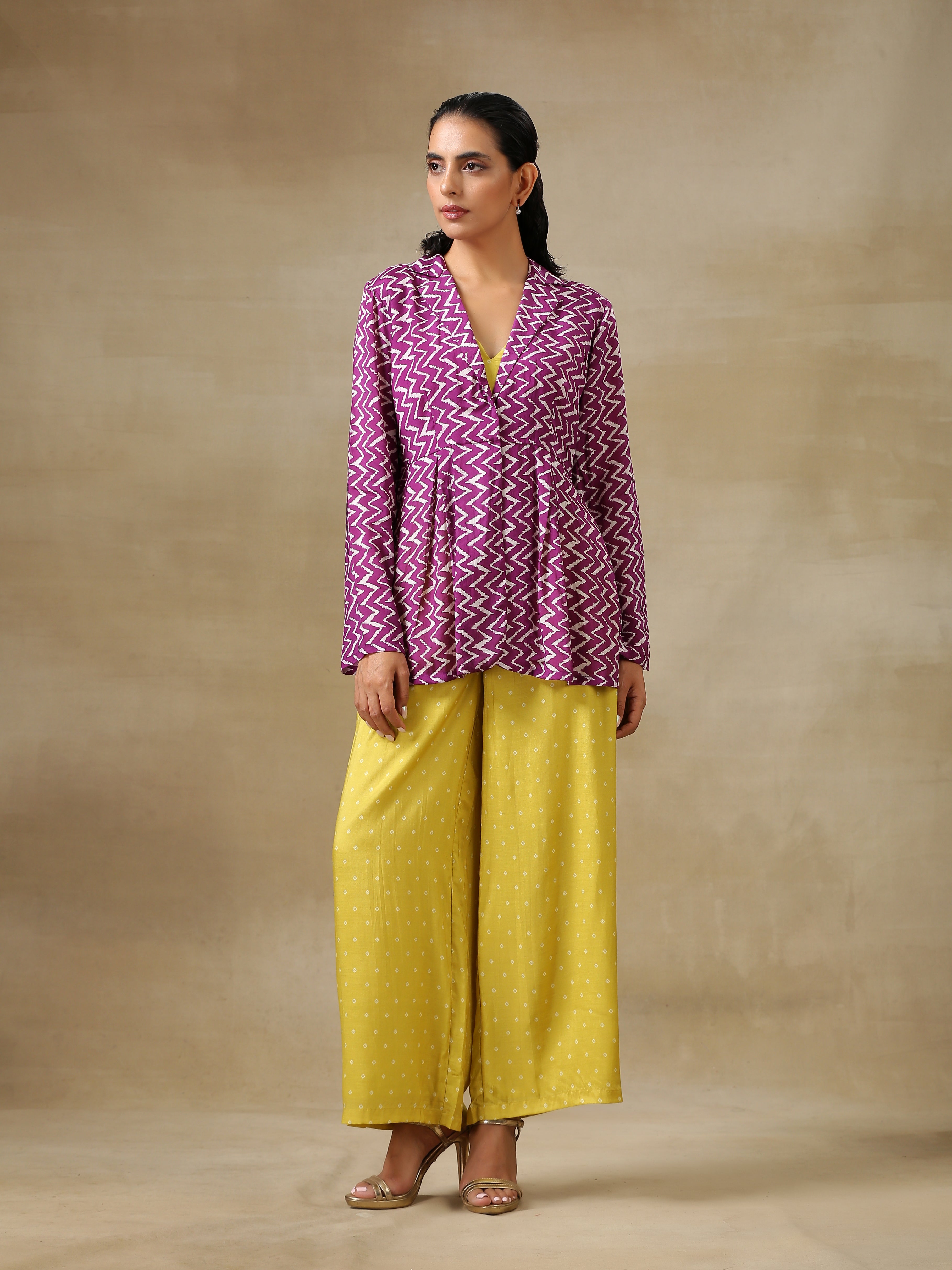 trueBrowns Lime Green Bandhani Printed Silk Top Pant with Purple Printed Jacket Set