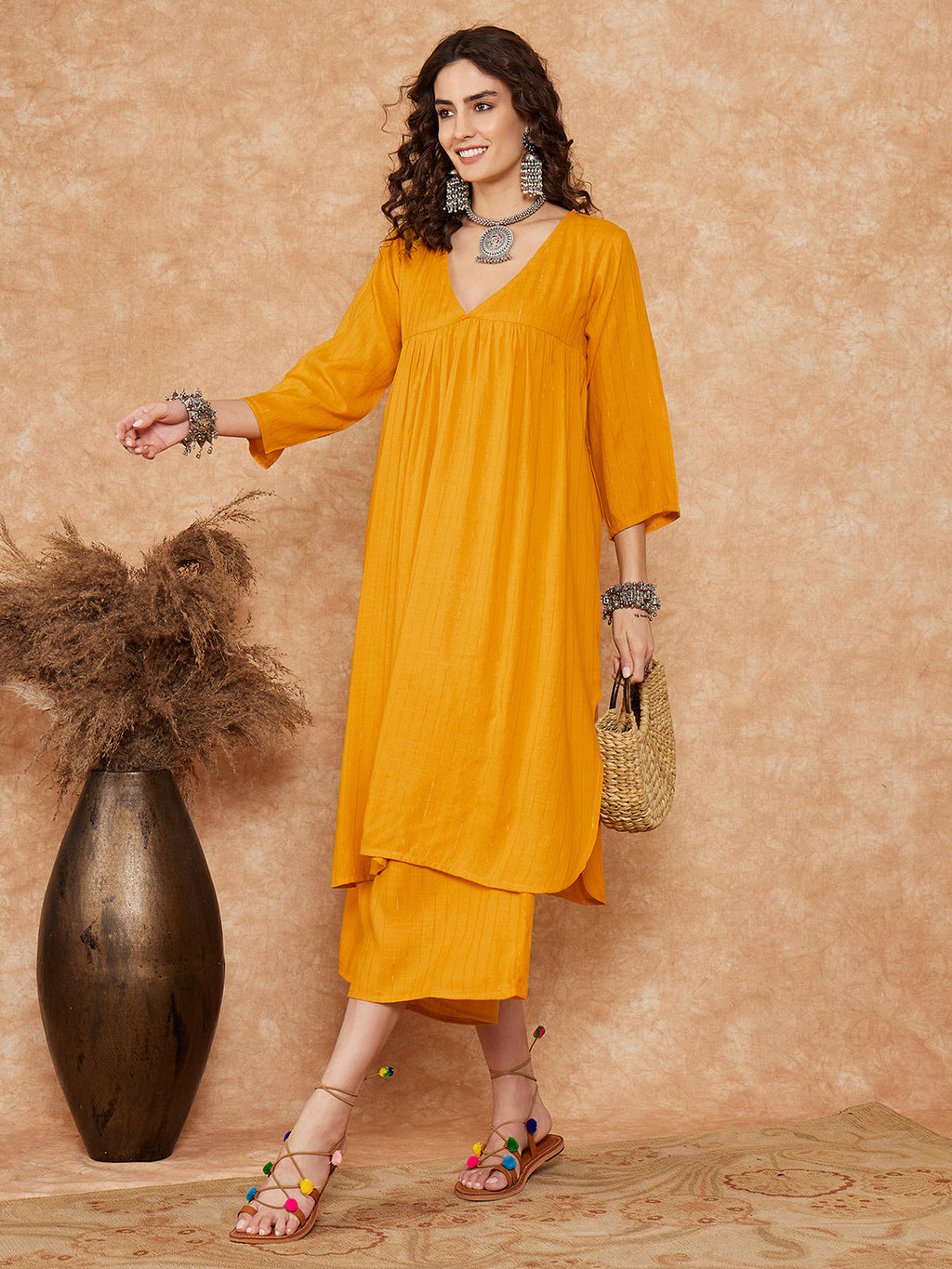InWeave Women's Mustard Lurex Flared V Neck Kurta Palazzo Set