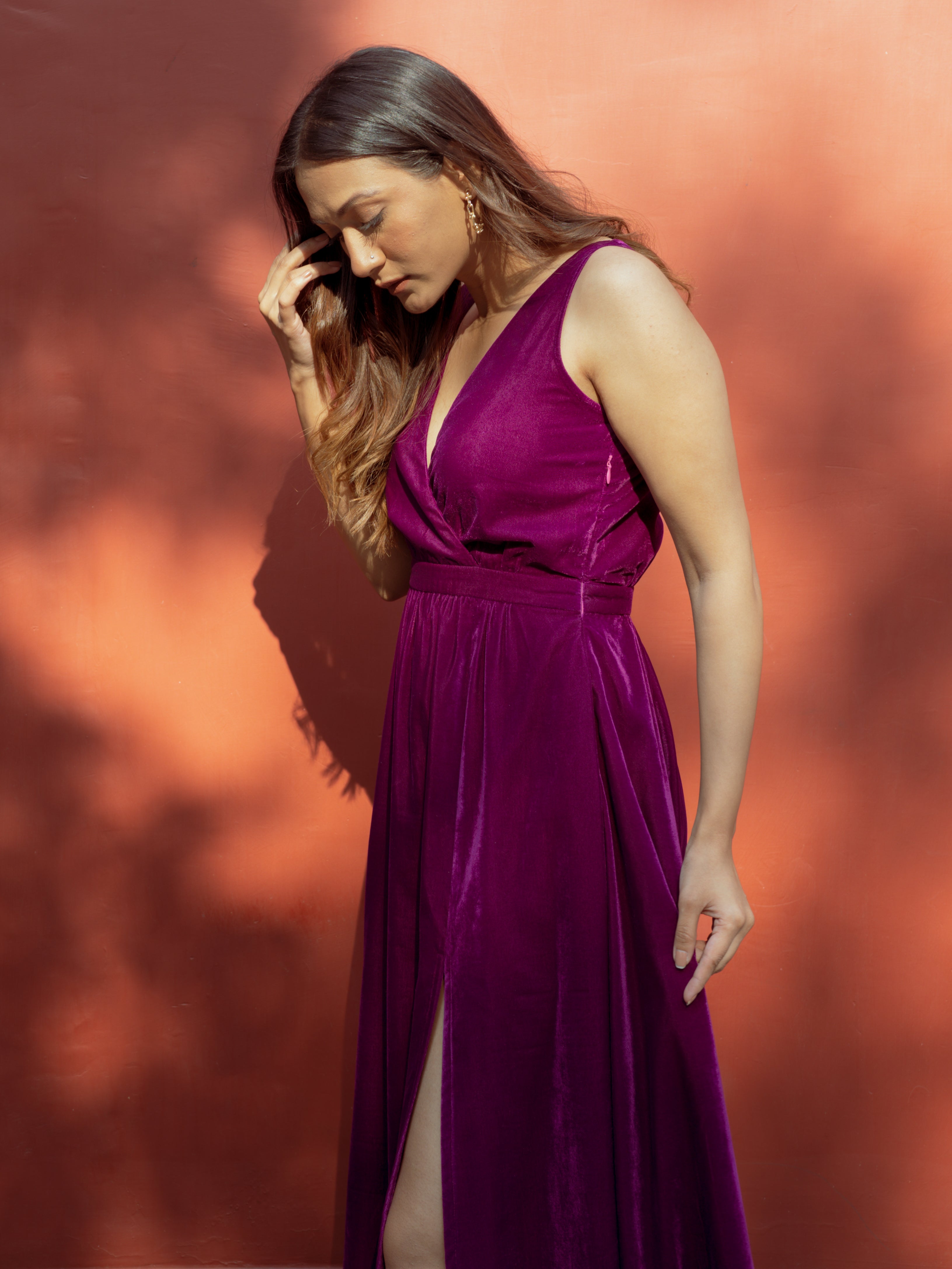 trueBrowns Wine Velvet Sleeveless Dress