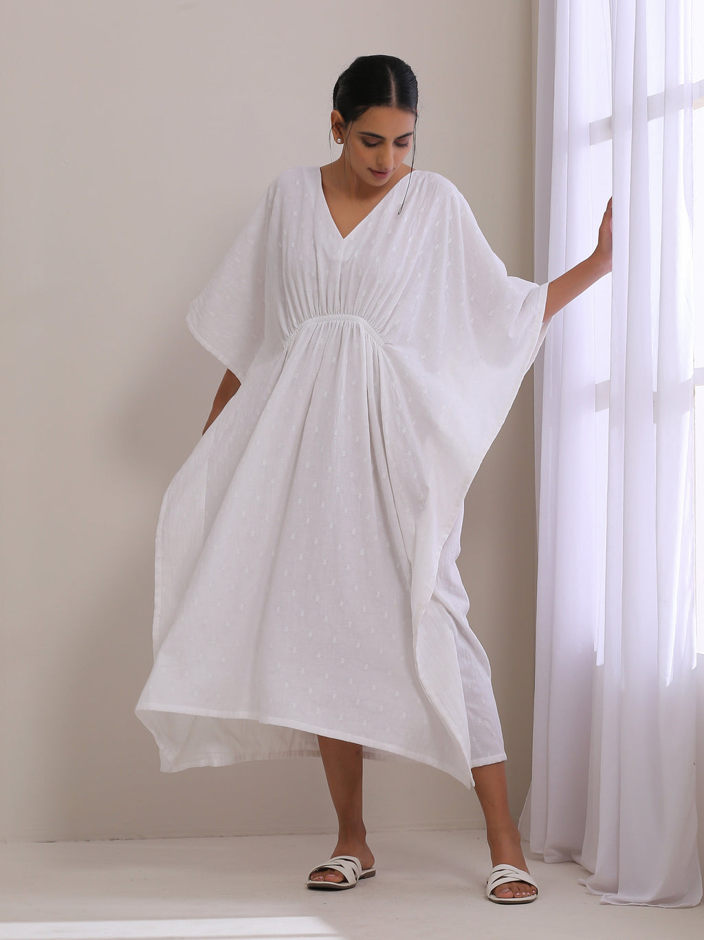 trueBrowns White Dobby Kaftan Dress