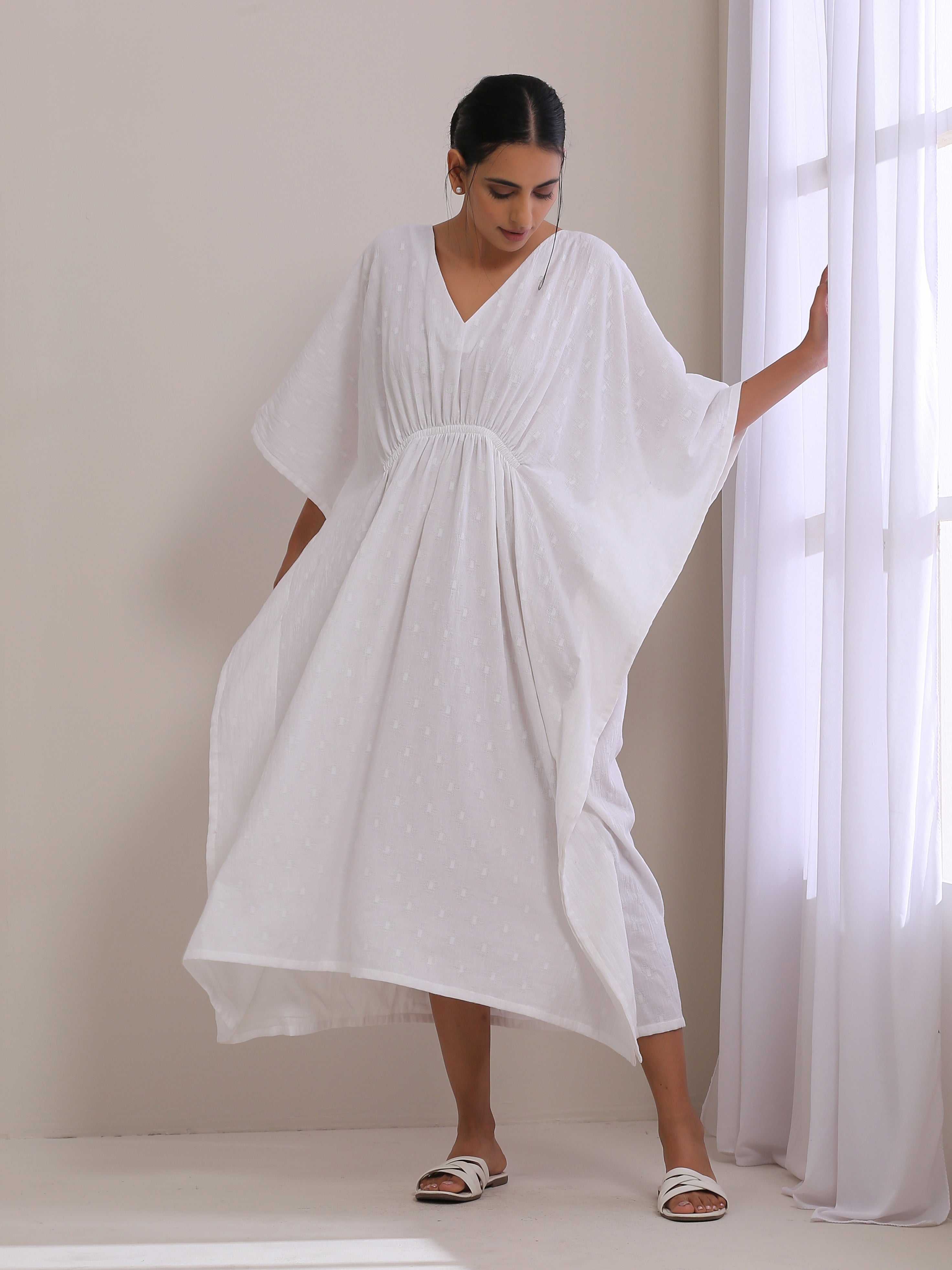 trueBrowns White Dobby Kaftan Dress
