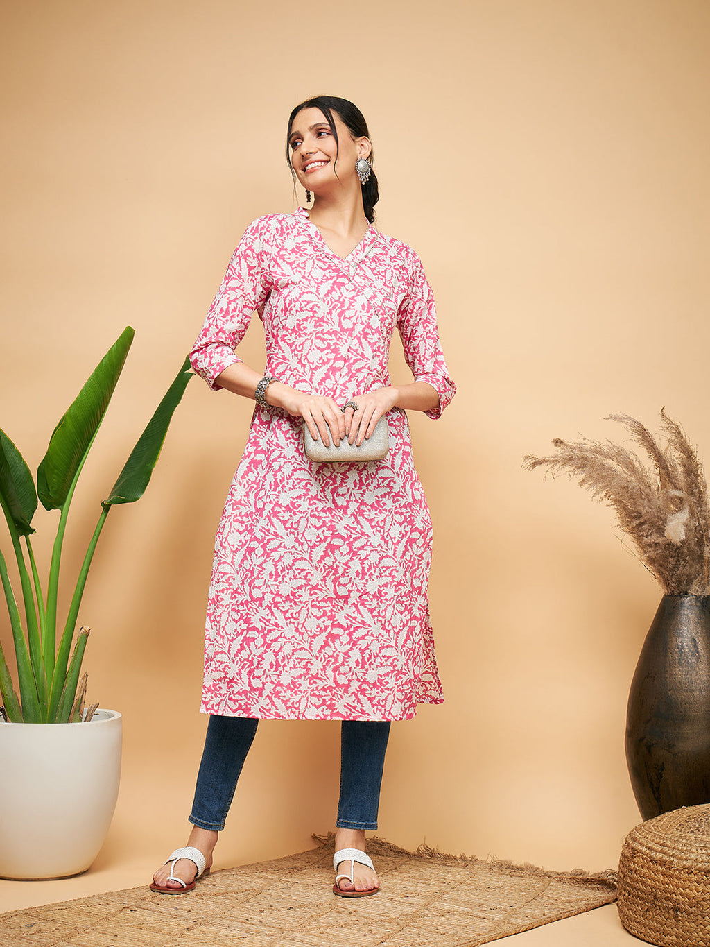 InWeave Women's Pink Foil White Print Angrakha Stright Kurta