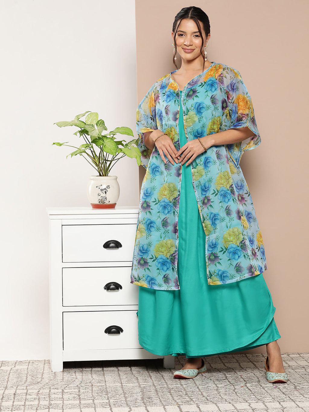 InWeave Women's Teal Blue Strappy Set With Blue Yellow Floral Cape
