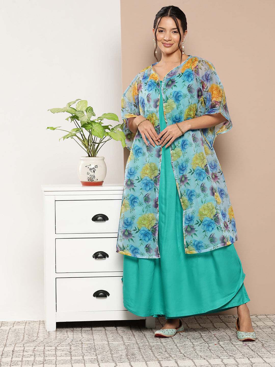 InWeave Women's Teal Blue Strappy Set With Blue Yellow Floral Cape
