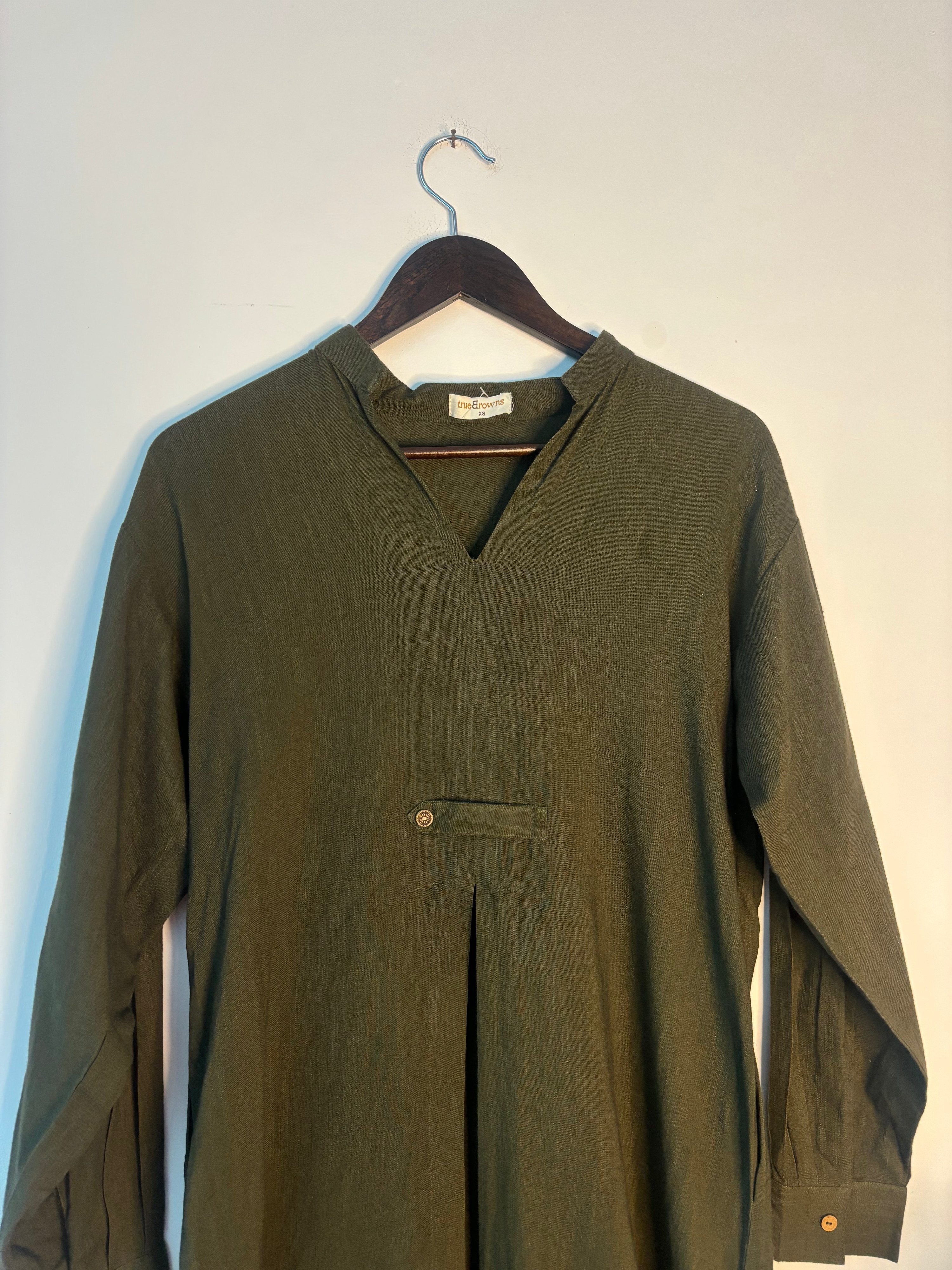 trueBrowns Olive Green Slub Kurta