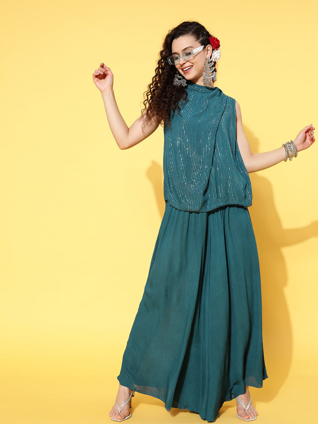 InWeave Women's Teal Lurex Top With Flared Pallazo