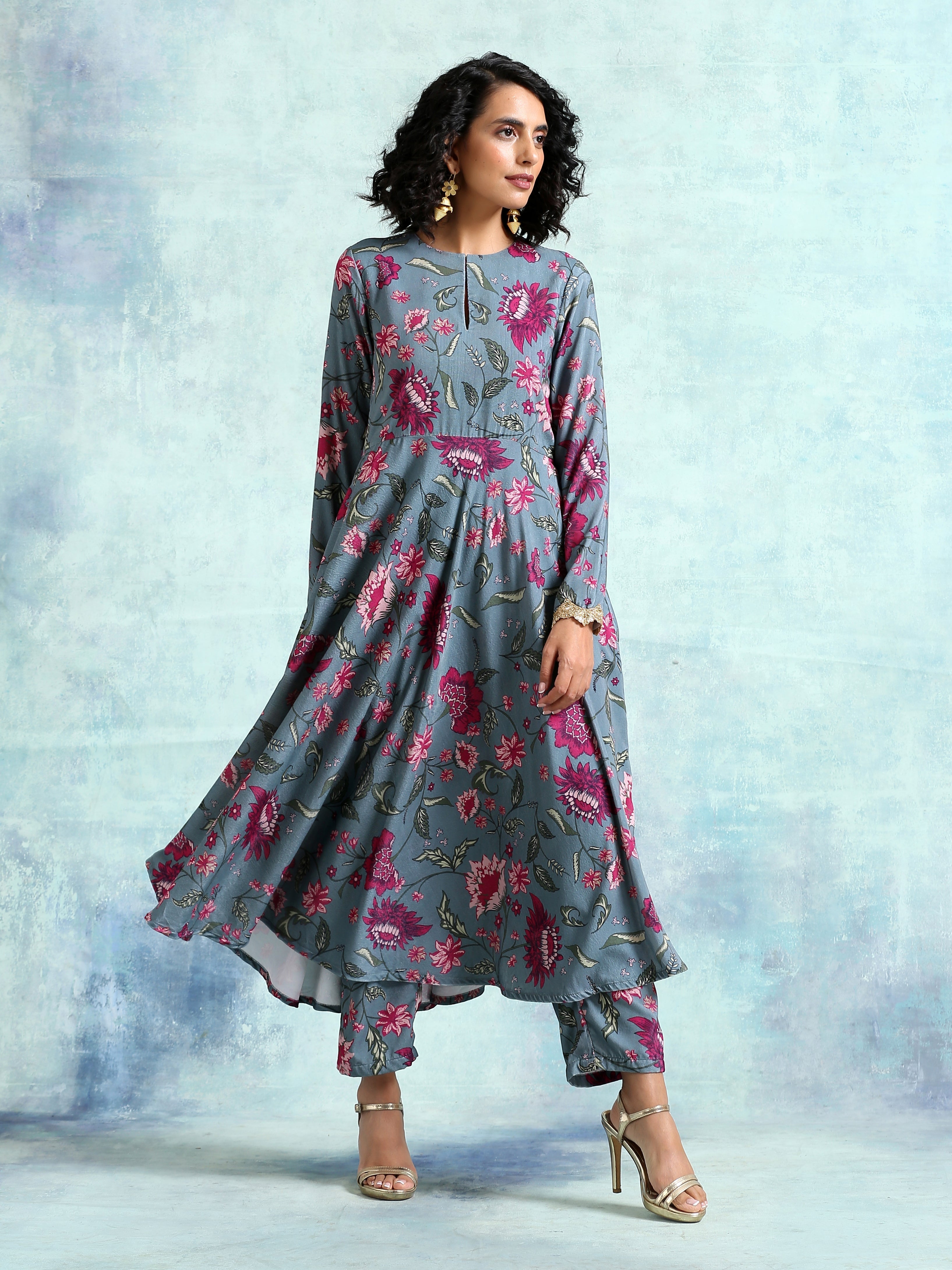 trueBrowns Grey Printed Velvet Anarkali Kurta