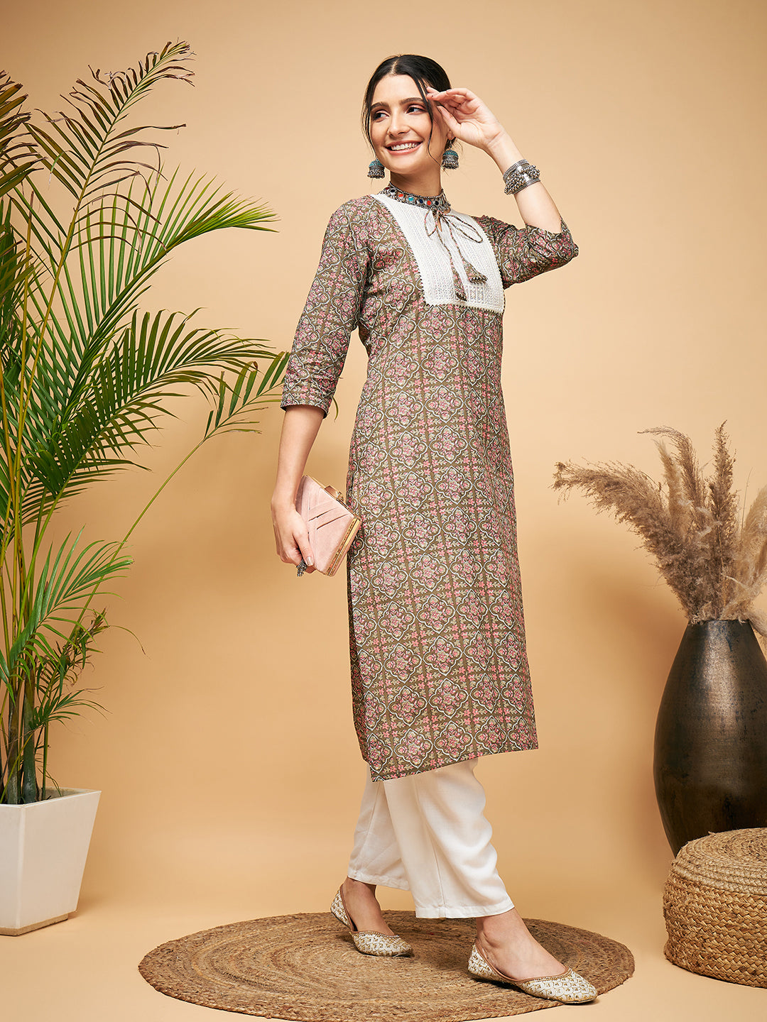 InWeave Women's Green Red Ajrakh Print Cotton Patch Work Straight Kurta Pant Set