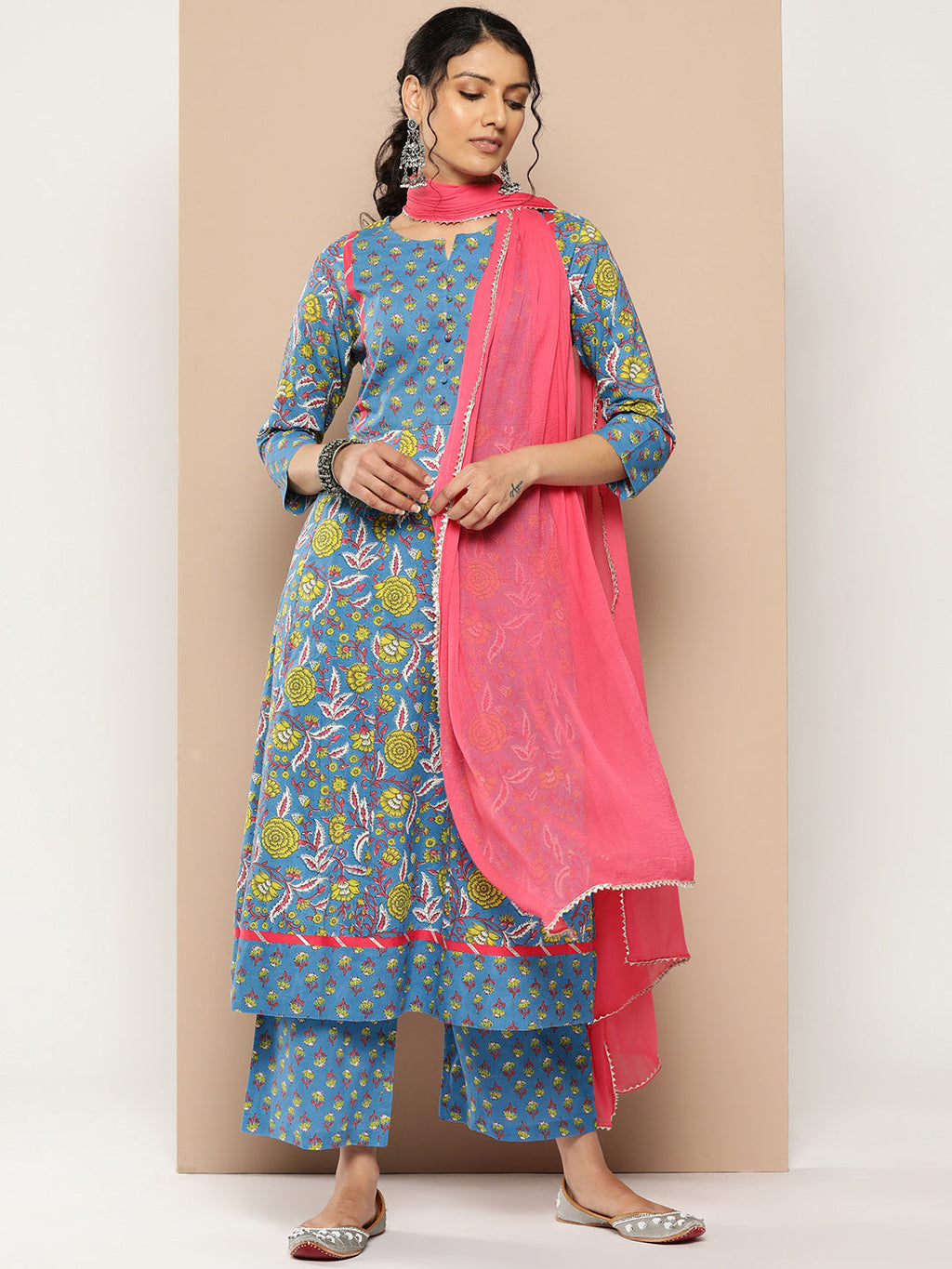 KSUT (House of Varanga) Blue Floral Printed Anarkali Kurta Paired With Printed Palazzo And Dupatta
