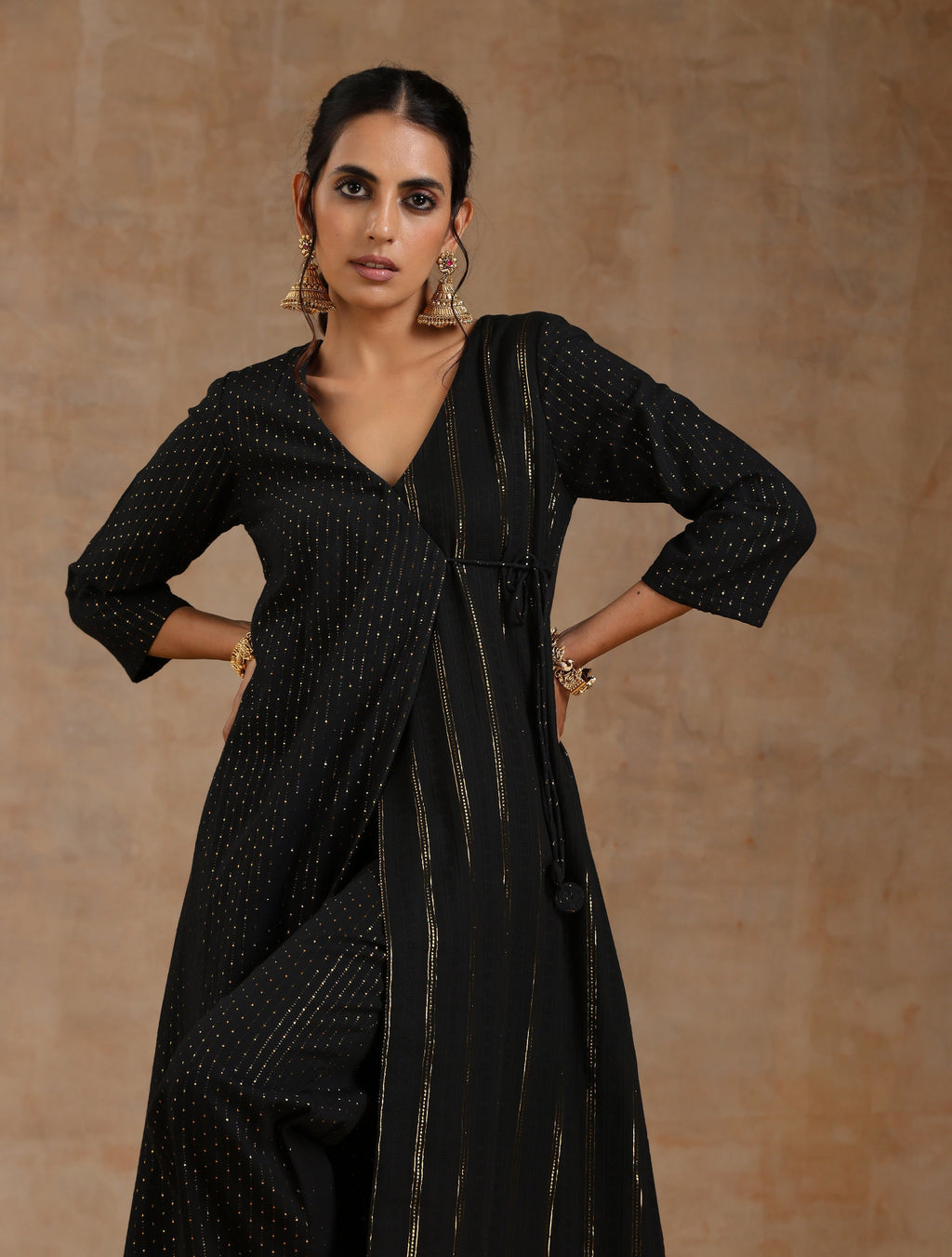 trueBrowns Black Gold Cotton Angrakha Kurta Set