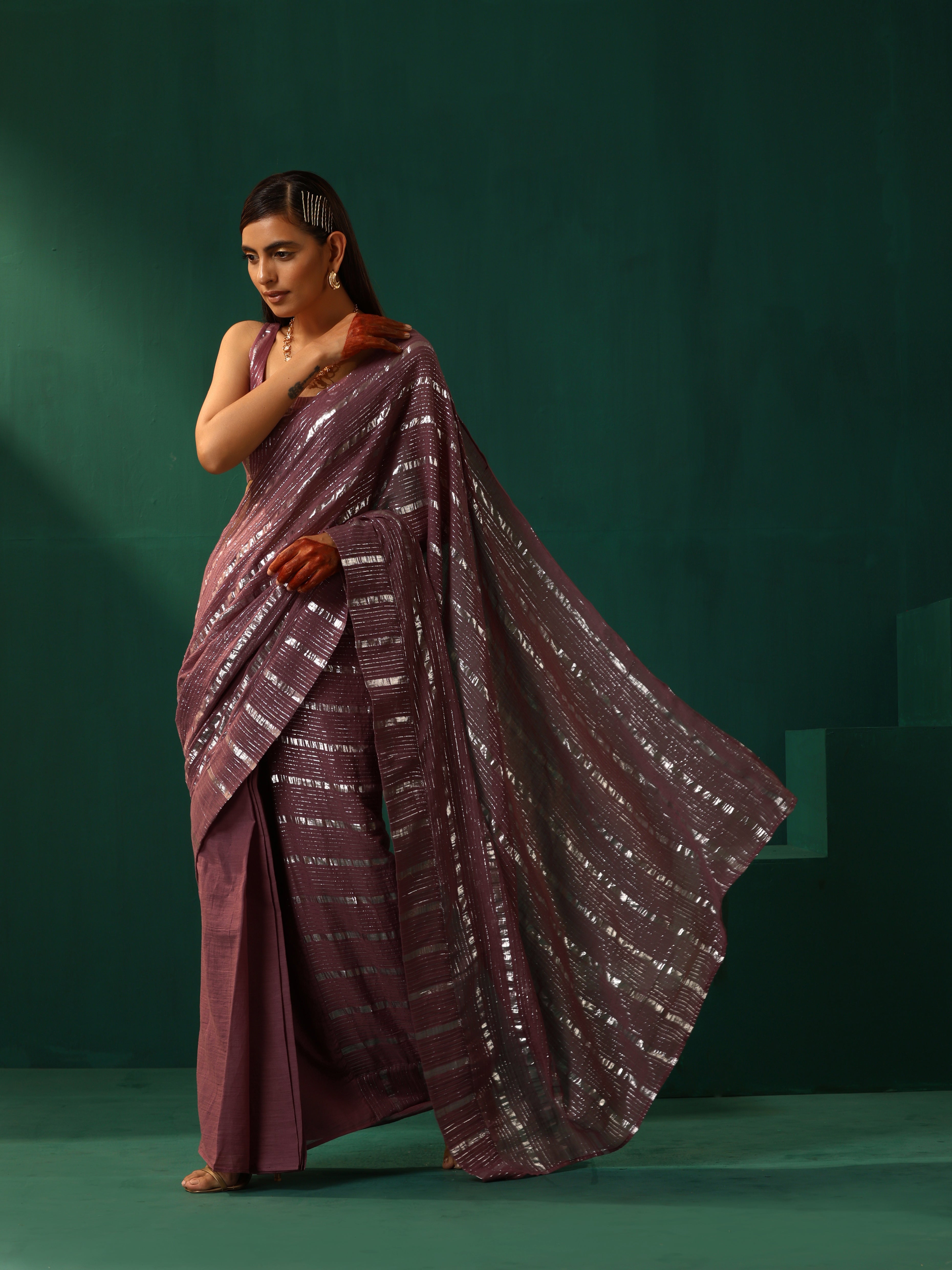 trueBrowns Mauve Cotton Silver Lurex Striped Ready to Wear Saree