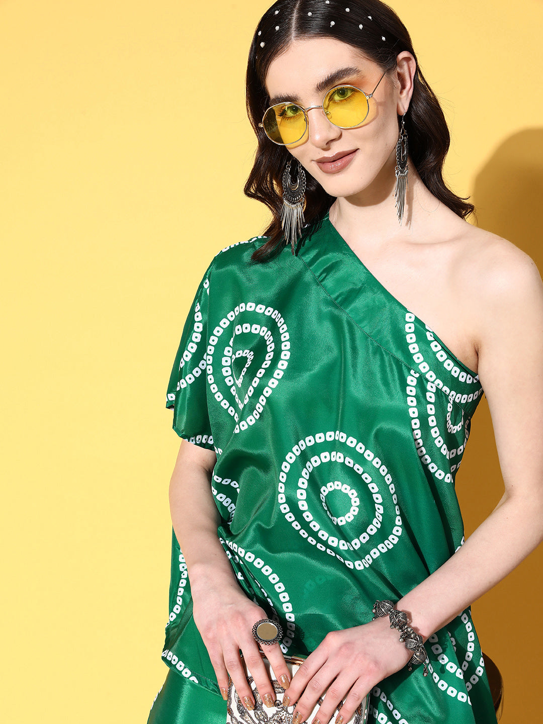 InWeave Women's Green Bandhani Motif One Shoulder Palazzo Set