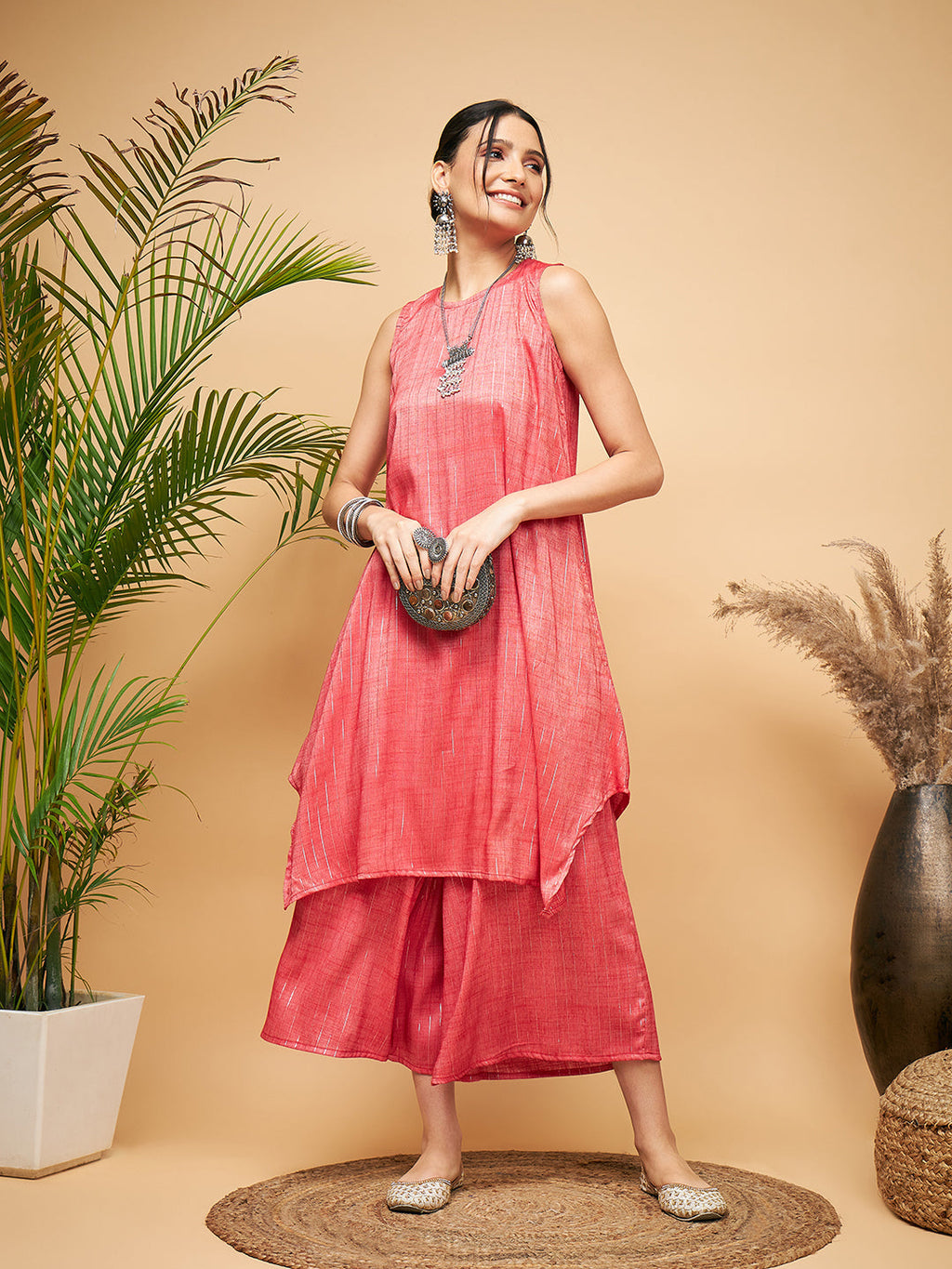 InWeave Women's Red Lurex Short Pallazo Kurta Set