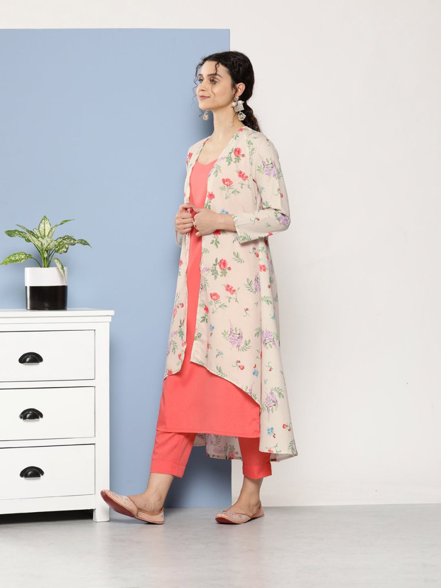 Ahalyaa Women Pink Floral Gotta Patti Kurta with Trousers