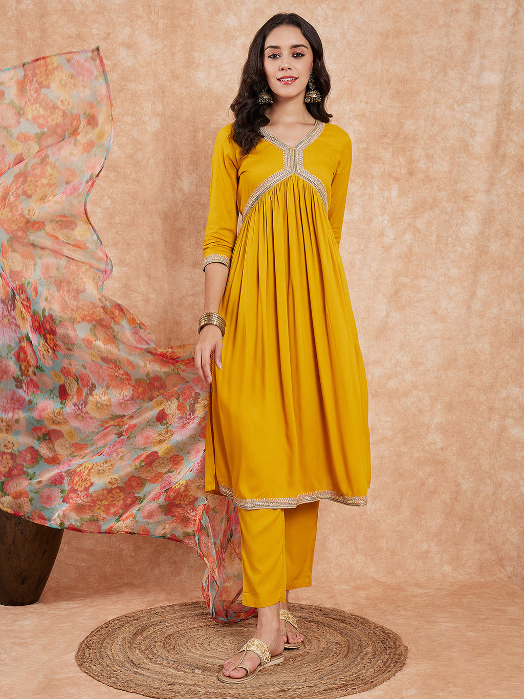 InWeave Women's Mustard Alia Neck Style Gota Set W Organza Dupatta