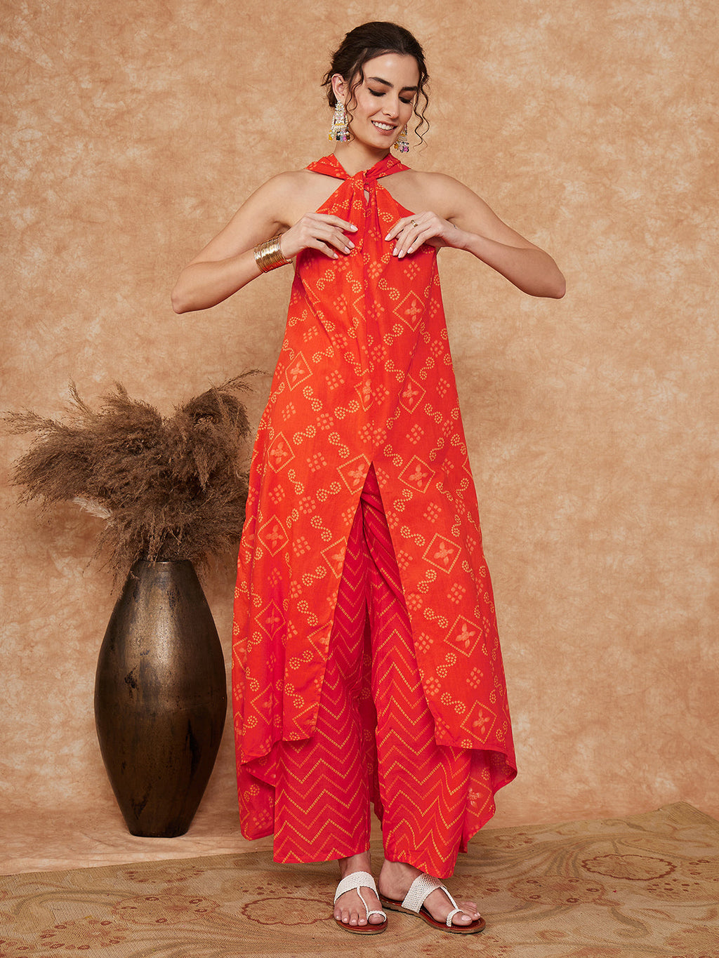 InWeave Women's Orange S Print Twisted Neckline Kurta Pant Set