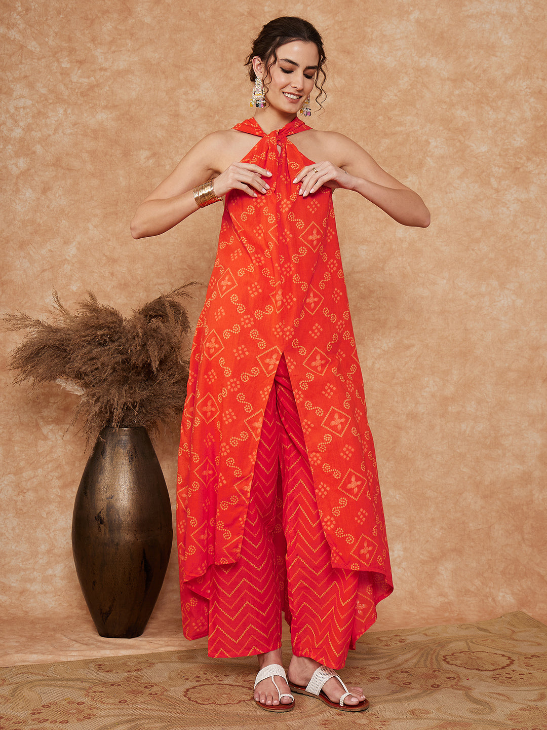 InWeave Women's Orange S Print Twisted Neckline Kurta Pant Set