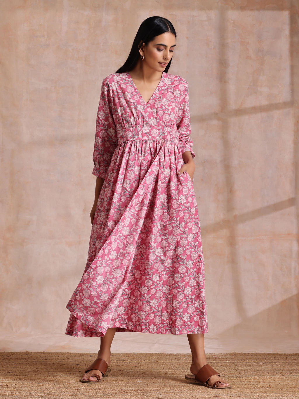 trueBrowns Pink Overall Floral Block Print Cotton Wrap Dress