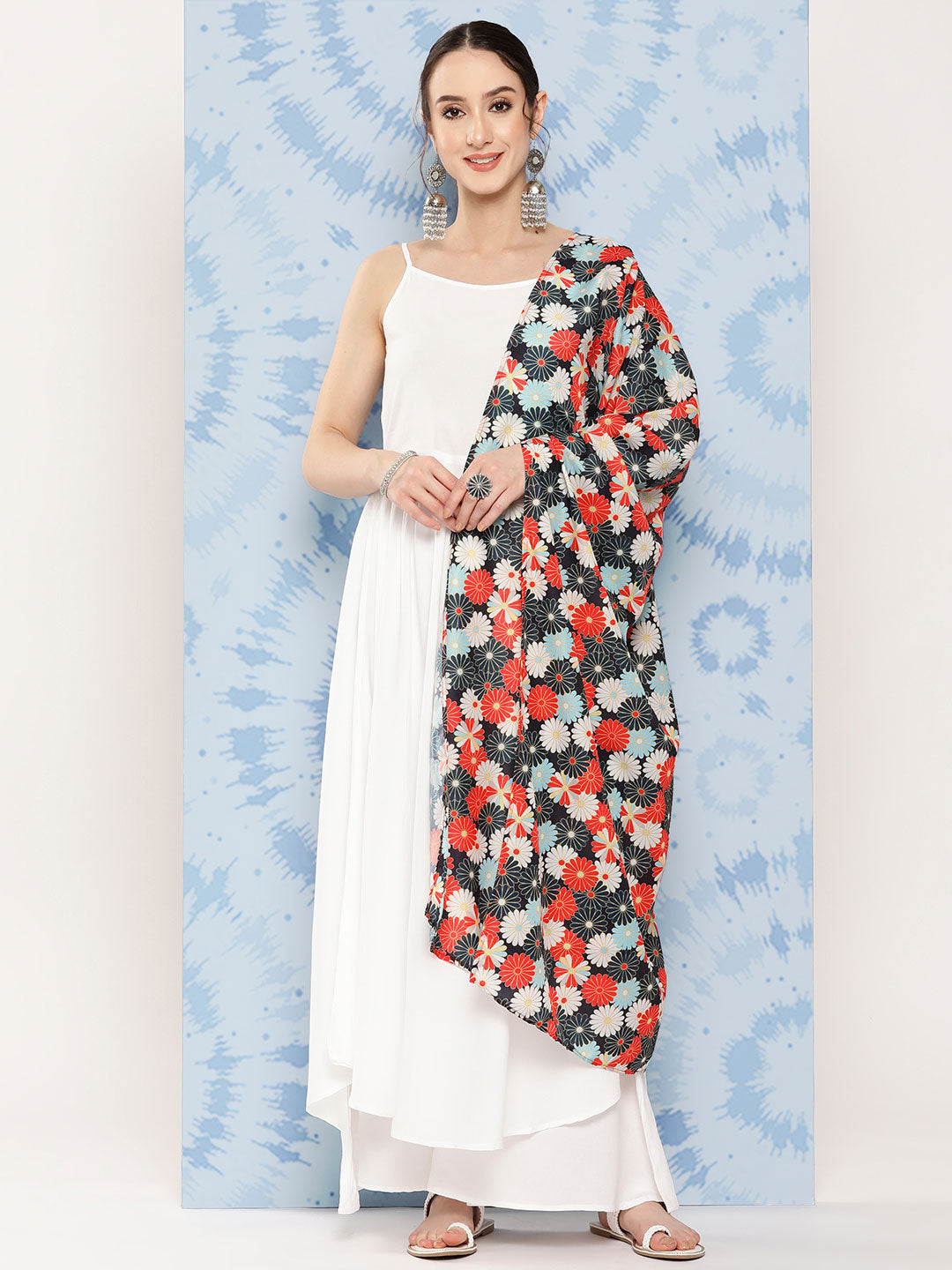 InWeave Women's White Strappy Set With White Red Round Motif Dupatta