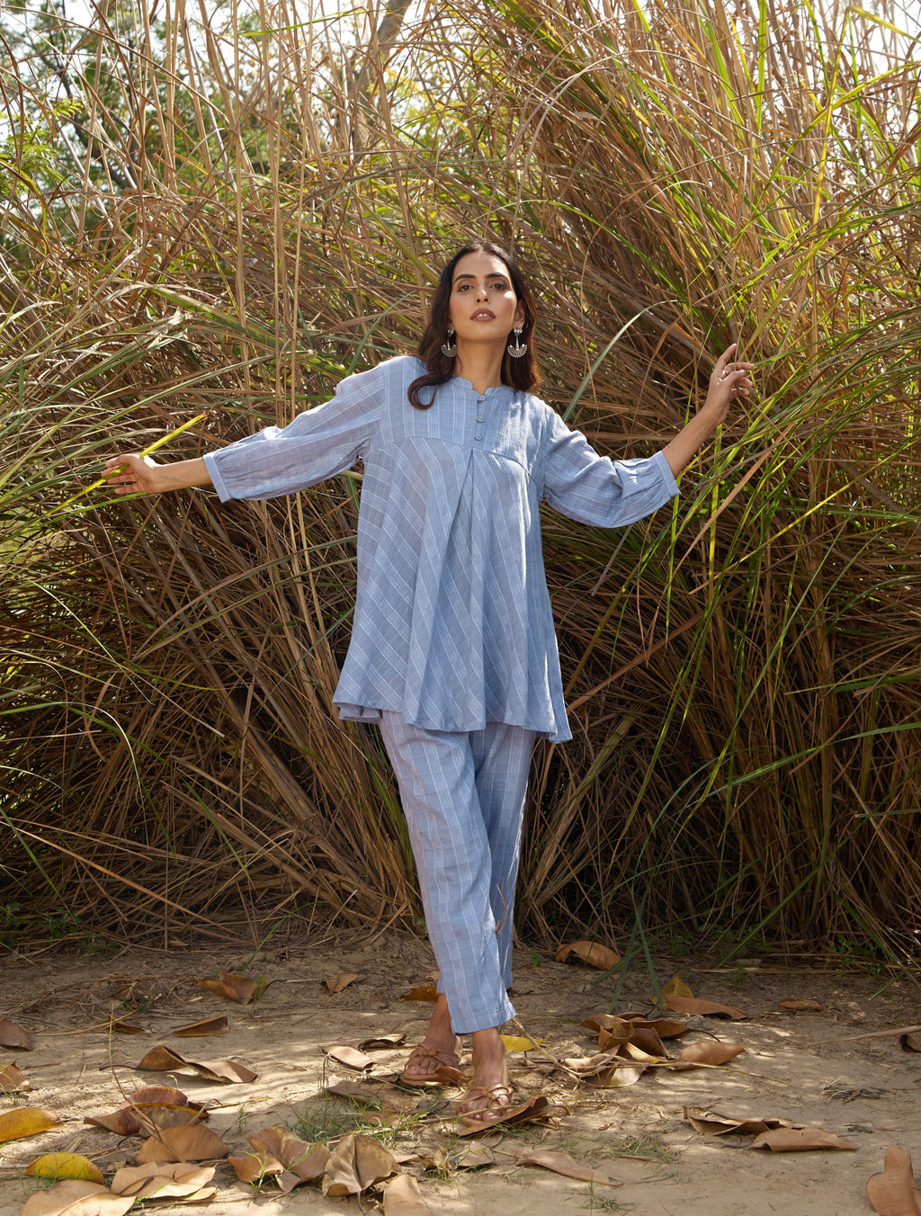 trueBrowns Light Blue Cotton Dobby Flared Co-ord Set