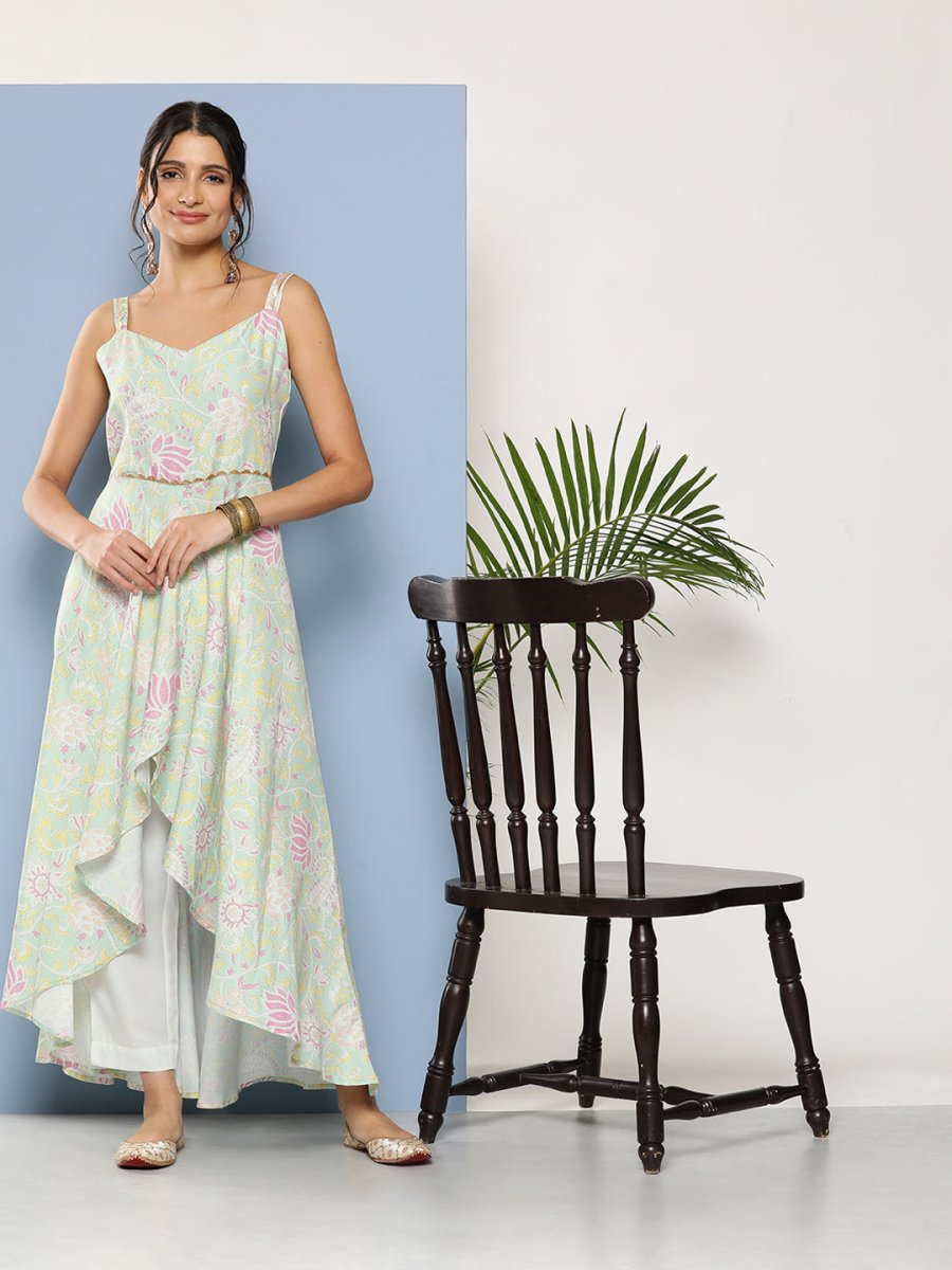 Ahalyaa Women Sea Green Floral Printed Empire Gotta Patti Kurta with Trousers