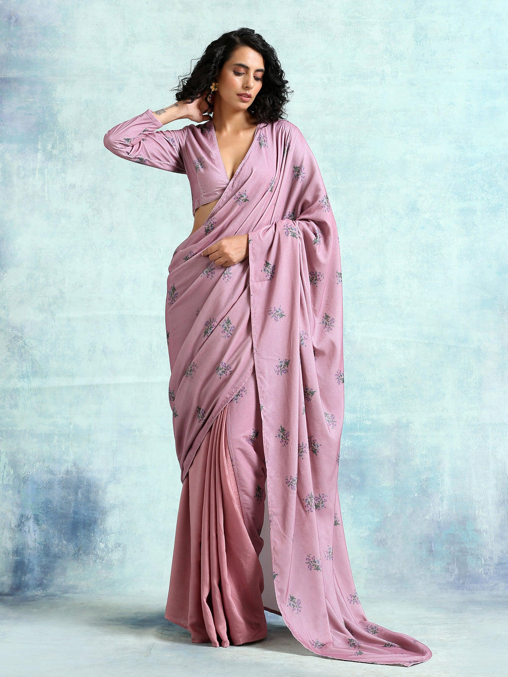 trueBrowns Light Mauve Printed Velvet Ready to Wear Saree