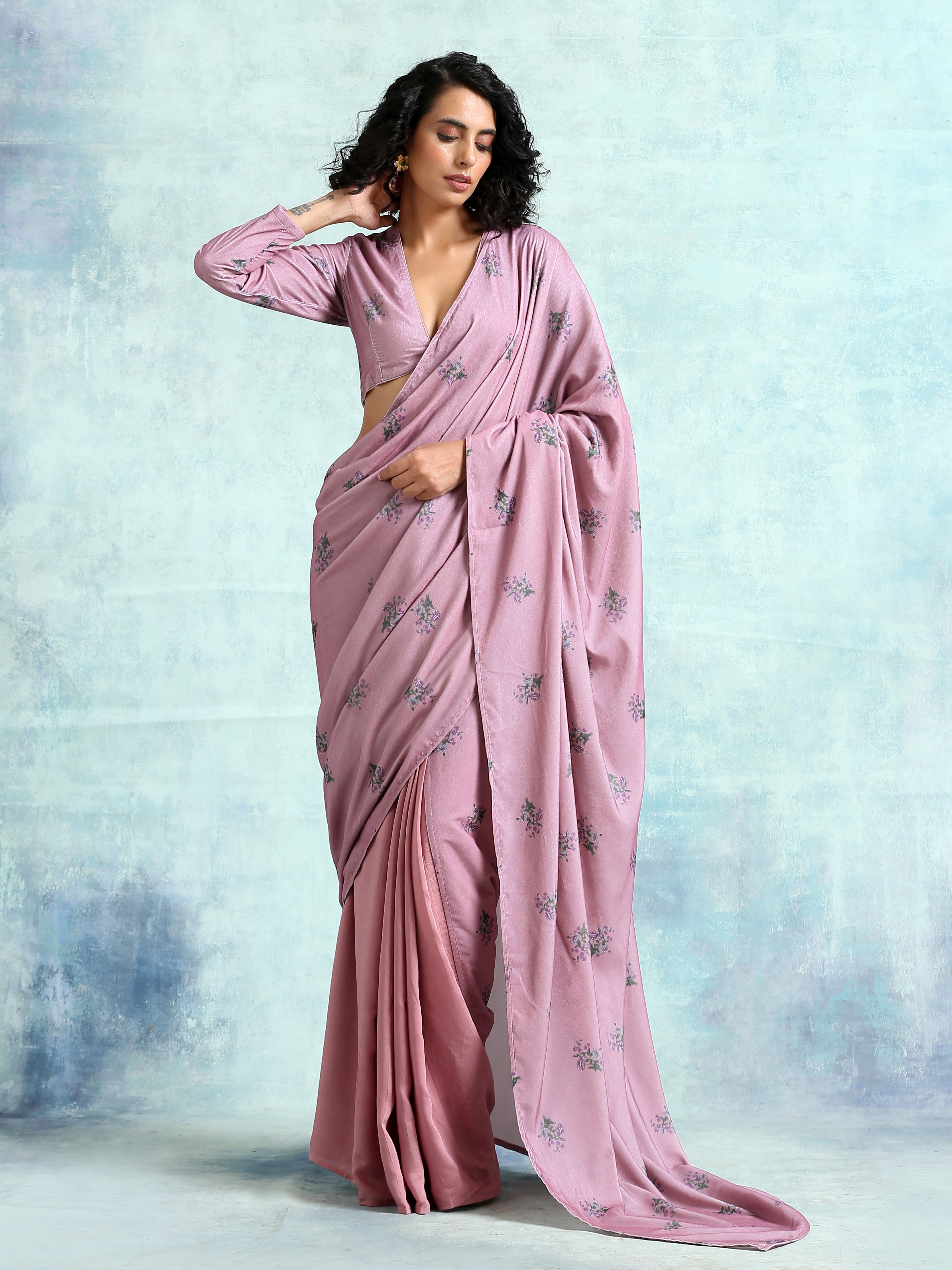 trueBrowns Light Mauve Printed Velvet Ready to Wear Saree
