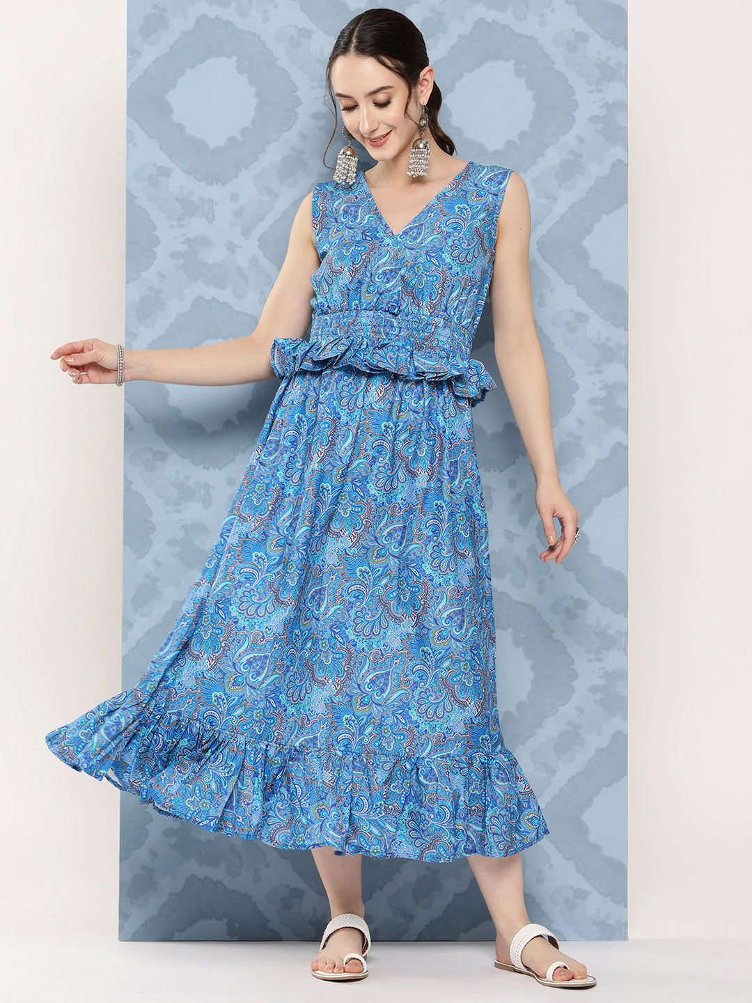 InWeave Women's Sapphire Blue Floral Paisley Print Long Frill Dress