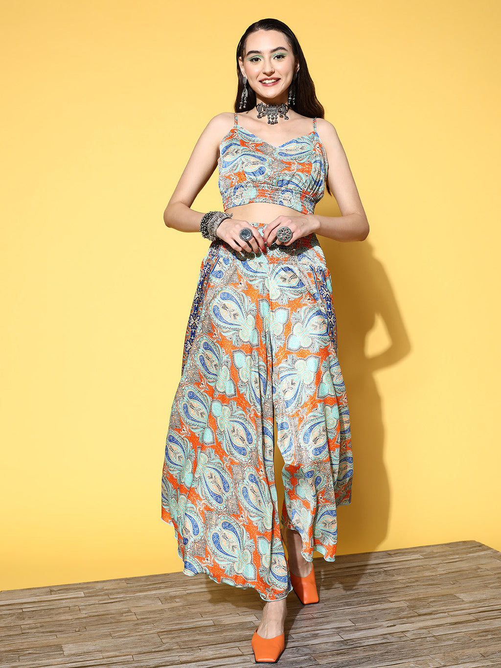 InWeave Women's Blue Orange Paisley Print Coord Set