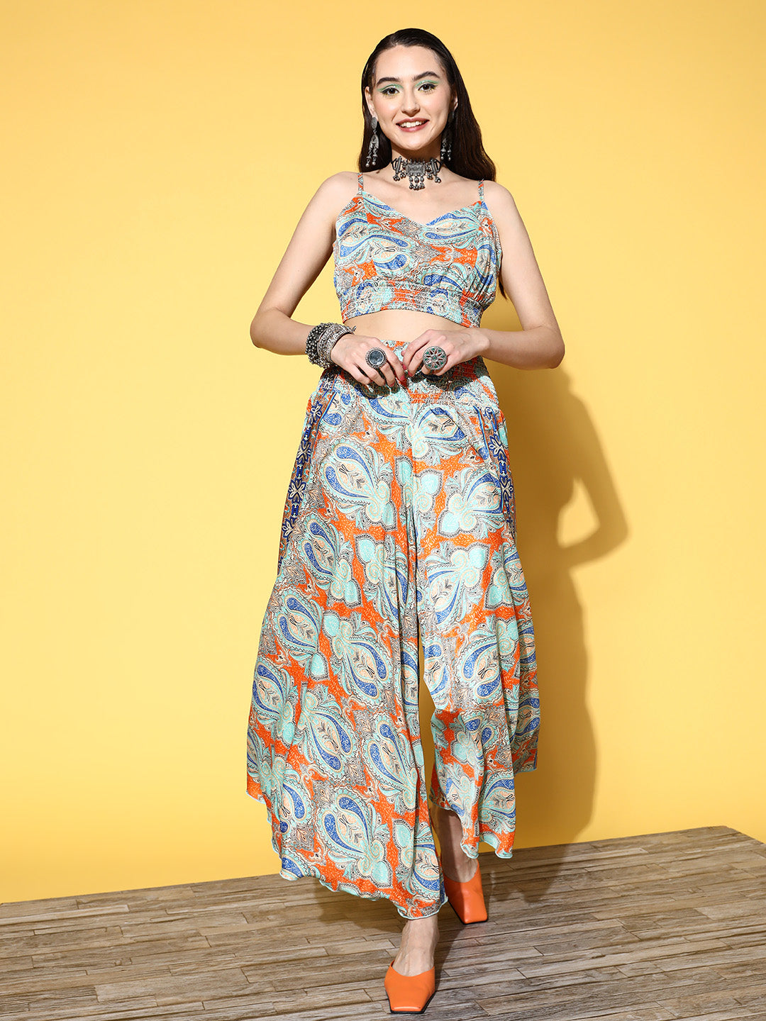 InWeave Women's Blue Orange Paisley Print Coord Set