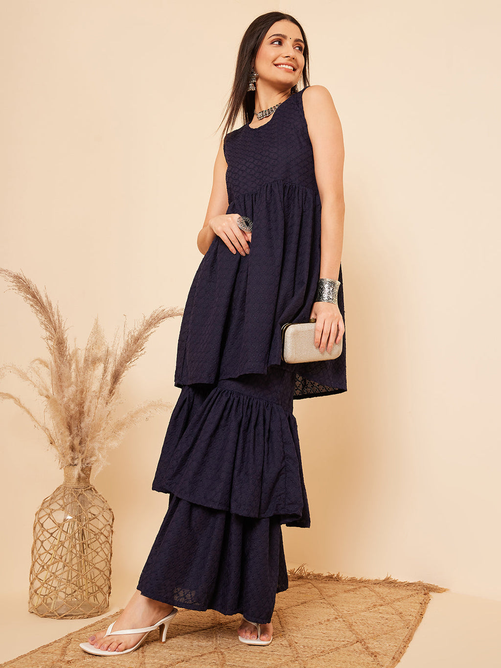 InWeave Women's Navy Blue Lace Work Double Layer Sharara Set