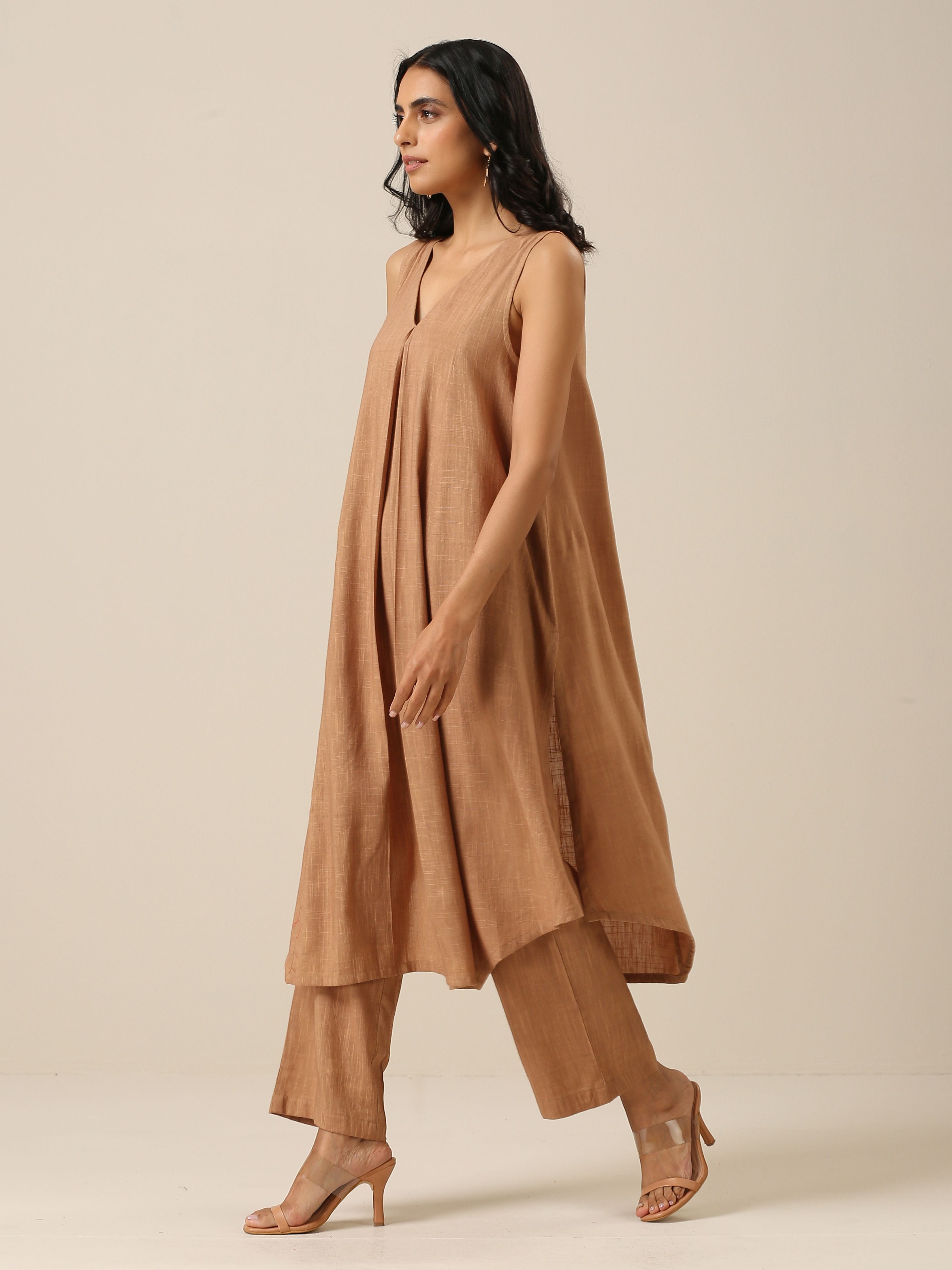 trueBrowns Beige Slub Texture Sleeveless Flared Kurta Pant Set