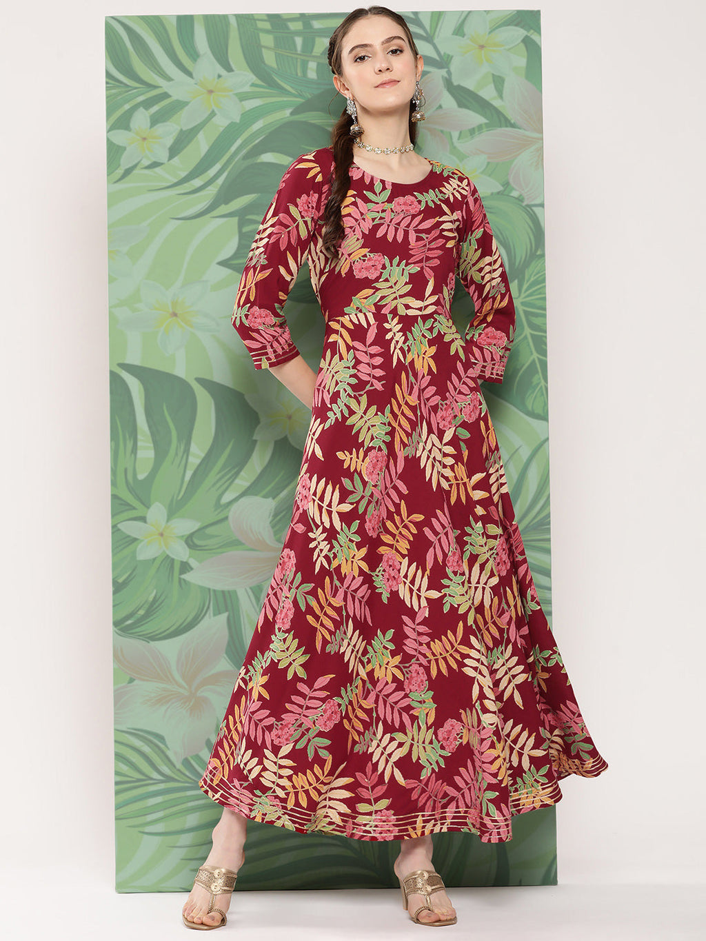 InWeave Women's Red Tropical Print Gota Long Dress