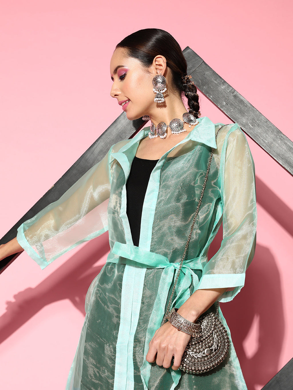 InWeave Women's Black Strappy Kurta Set With Teal Organza Cape