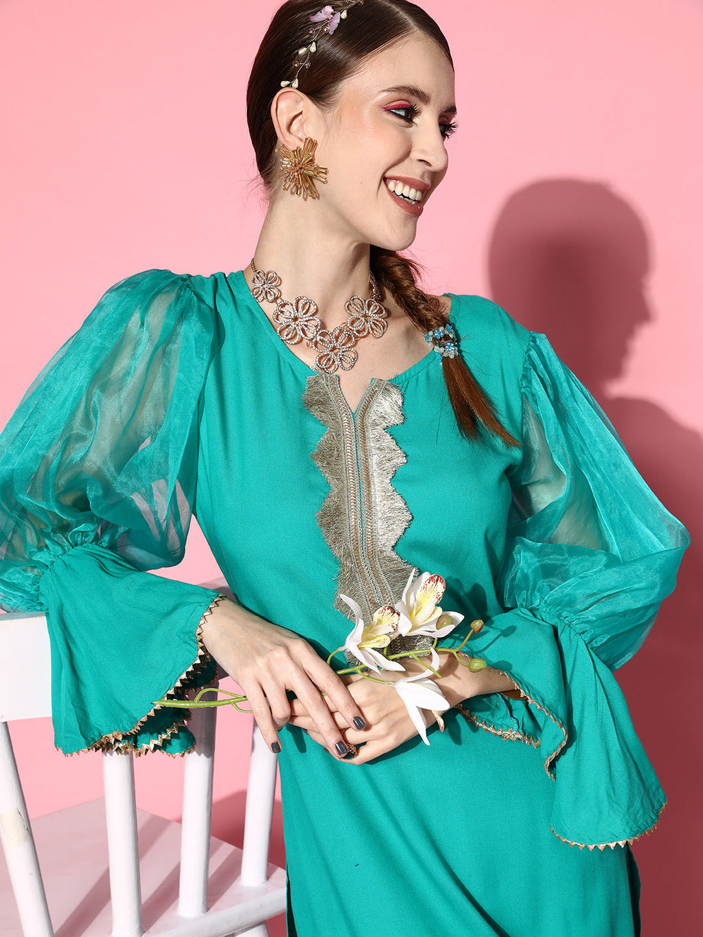 InWeave Women's Aqua Organza Sleeve Gota Work Kurta Set