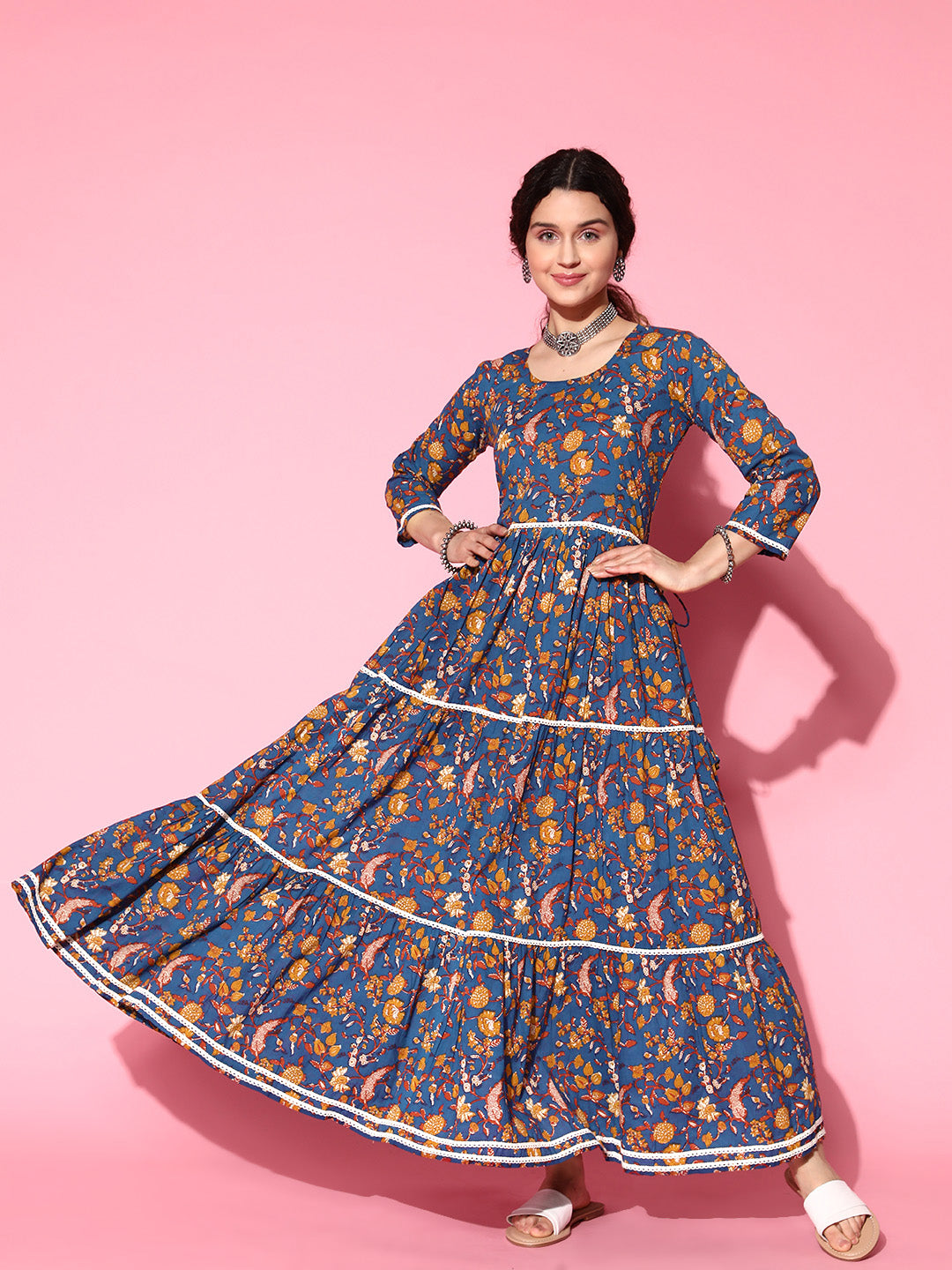 InWeave Women's Blue Floral Print Dress With Lace