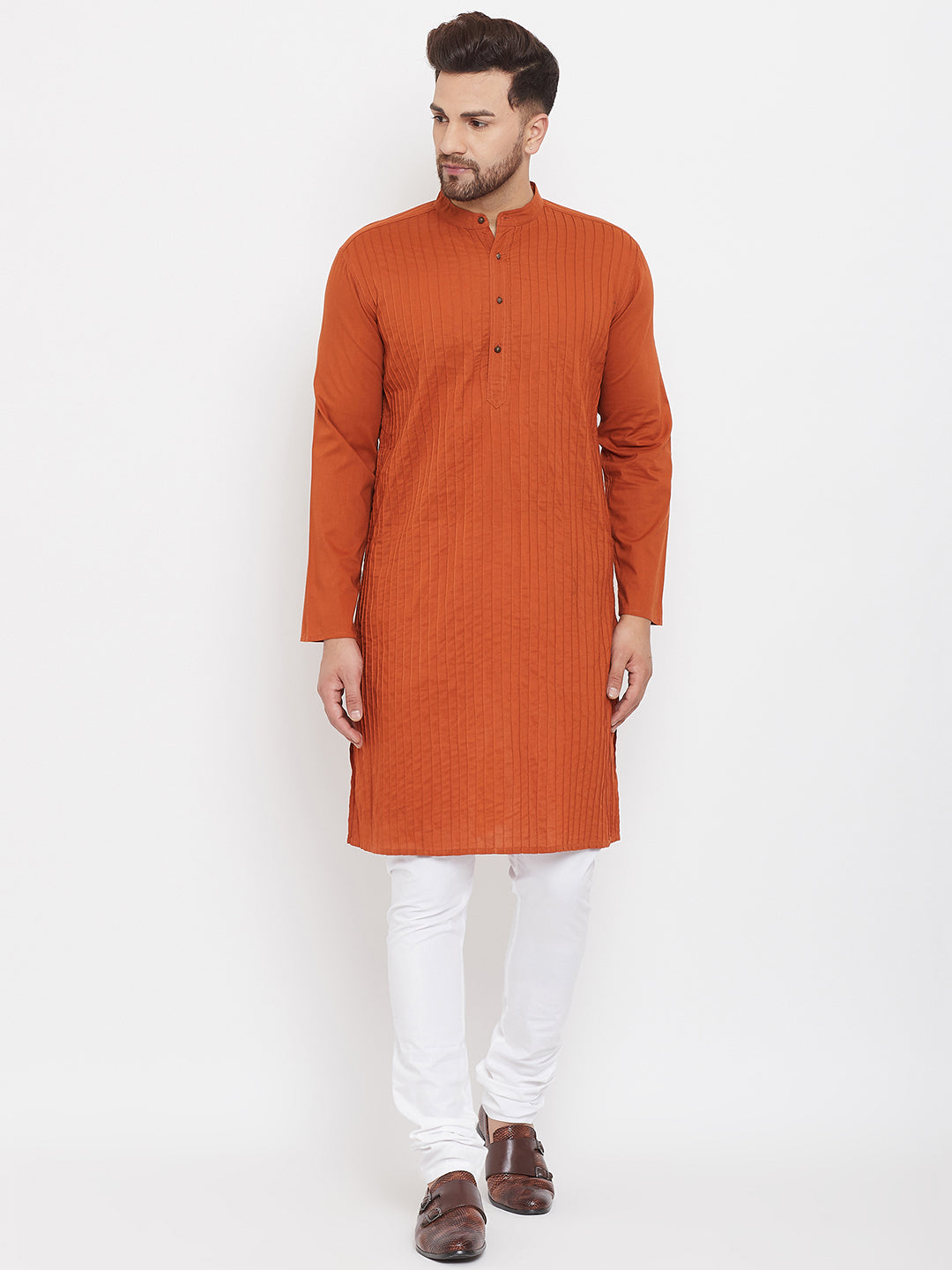 Even Apparels Rust Pure Cotton Kurta With Band Collar